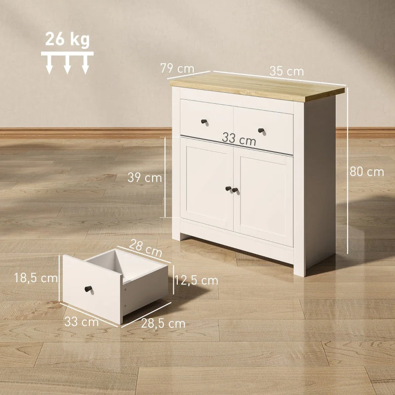 Sideboard Kitchen Cabinet, 2 Drawers, Soft-Close, Adjustable Shelf, White - Image 3