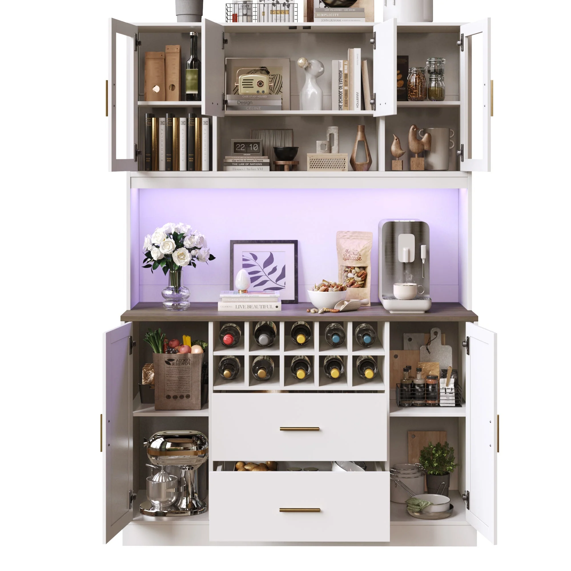 Sideboard Kitchen Cabinet with LED Lighting and Socket, Black and White - Image 8