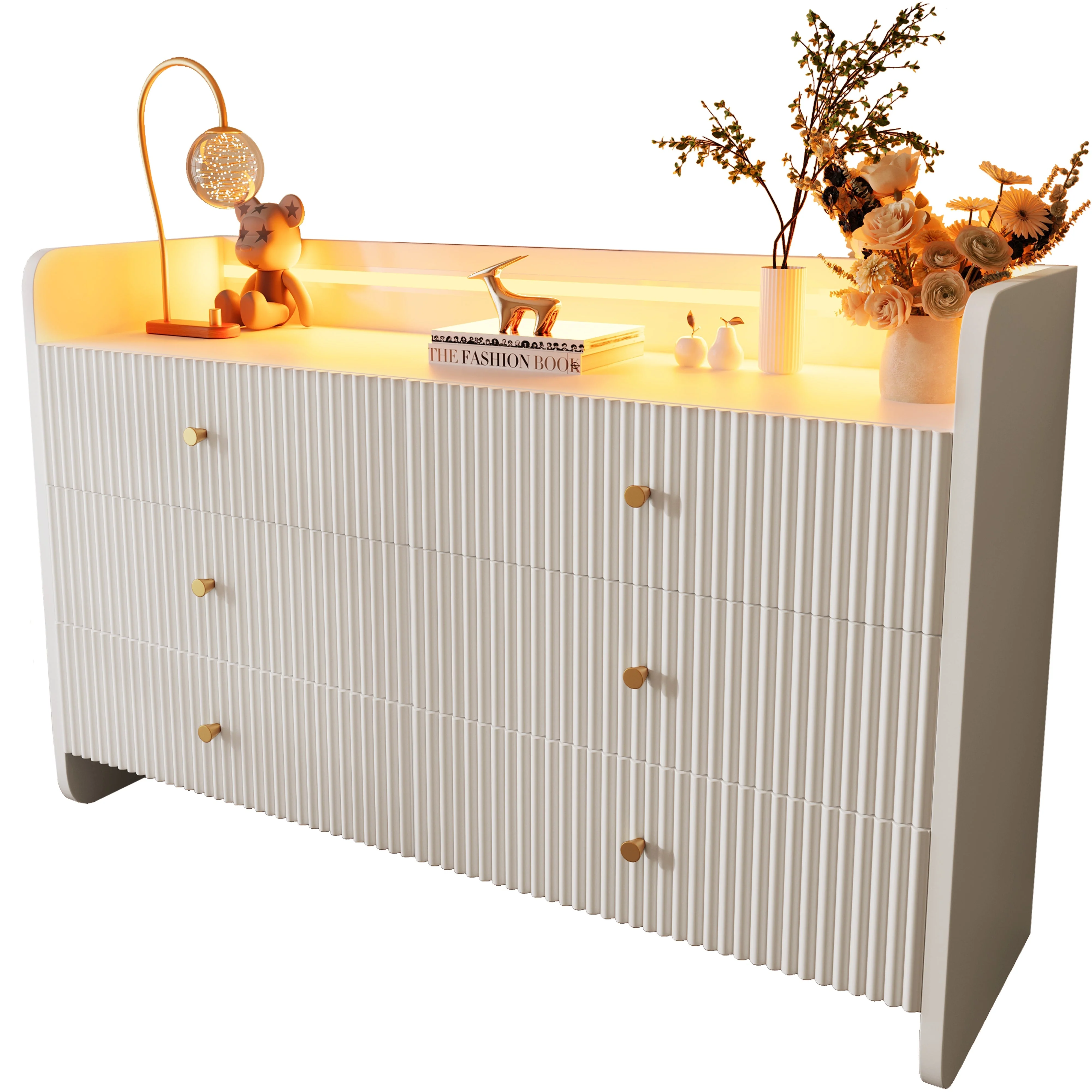Sideboard, LED Lighting, 6 Drawers, Wave-Shaped Groove, White - Image 10