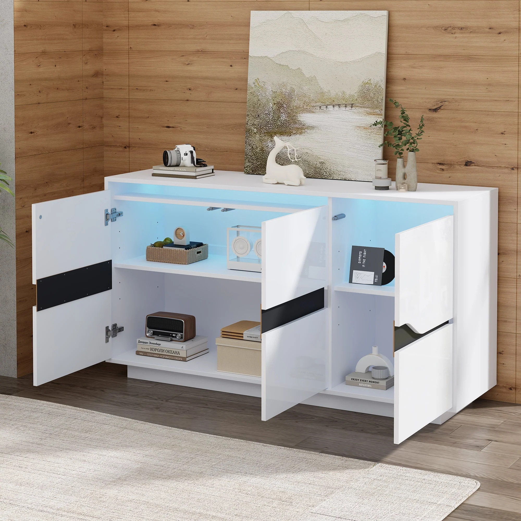 Sideboard, Living Room 140x40x76cm with 3 Doors, Adjustable Dividers, LED, White & Black - Image 3