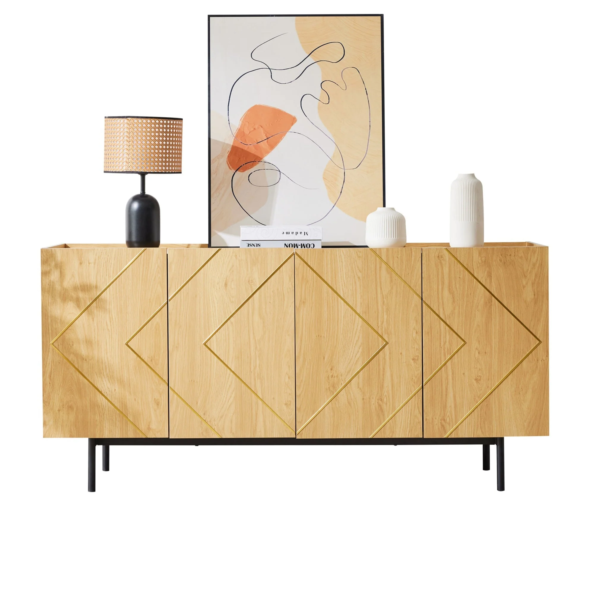 Sideboard living room buffet cabinet with 4 doors and metal inlay natural wood - Image 8