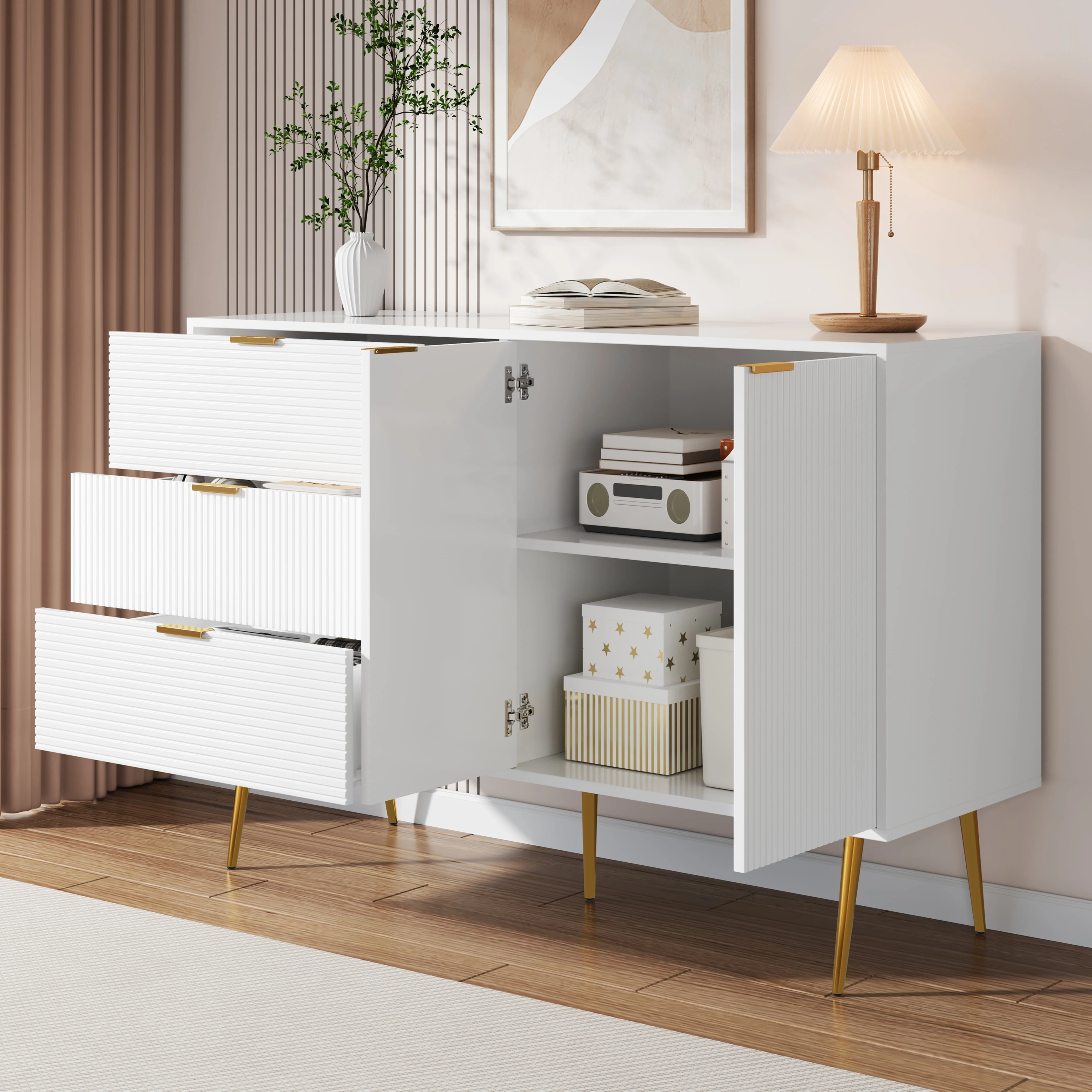 Sideboard, Living Room Cabinet with Doors & Drawers, Interior Shelves, Golden Handles & Legs - Image 4