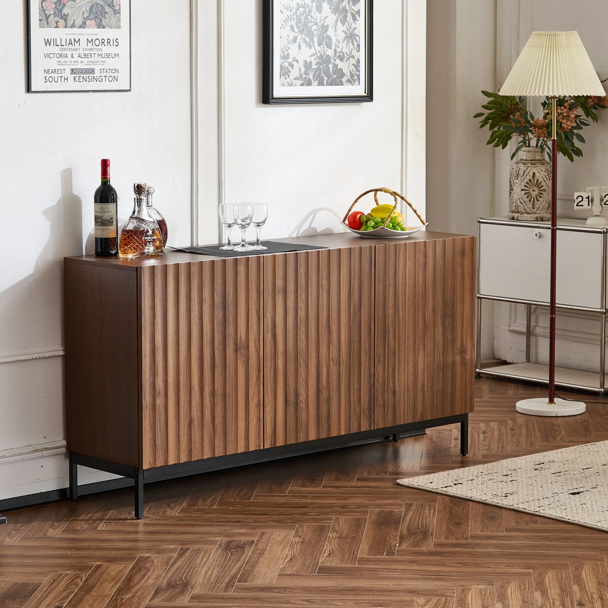 Sideboard Mid-Century Modern 3-Door 150cm with Wavy 3D Design Dark Grained Oak - Image 2