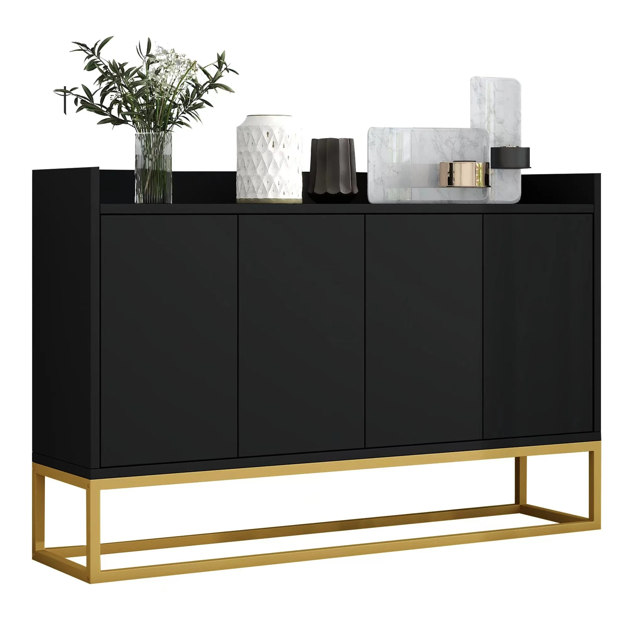 Sideboard, Minimalist 4-Door Handleless Buffet, Black - Image 4