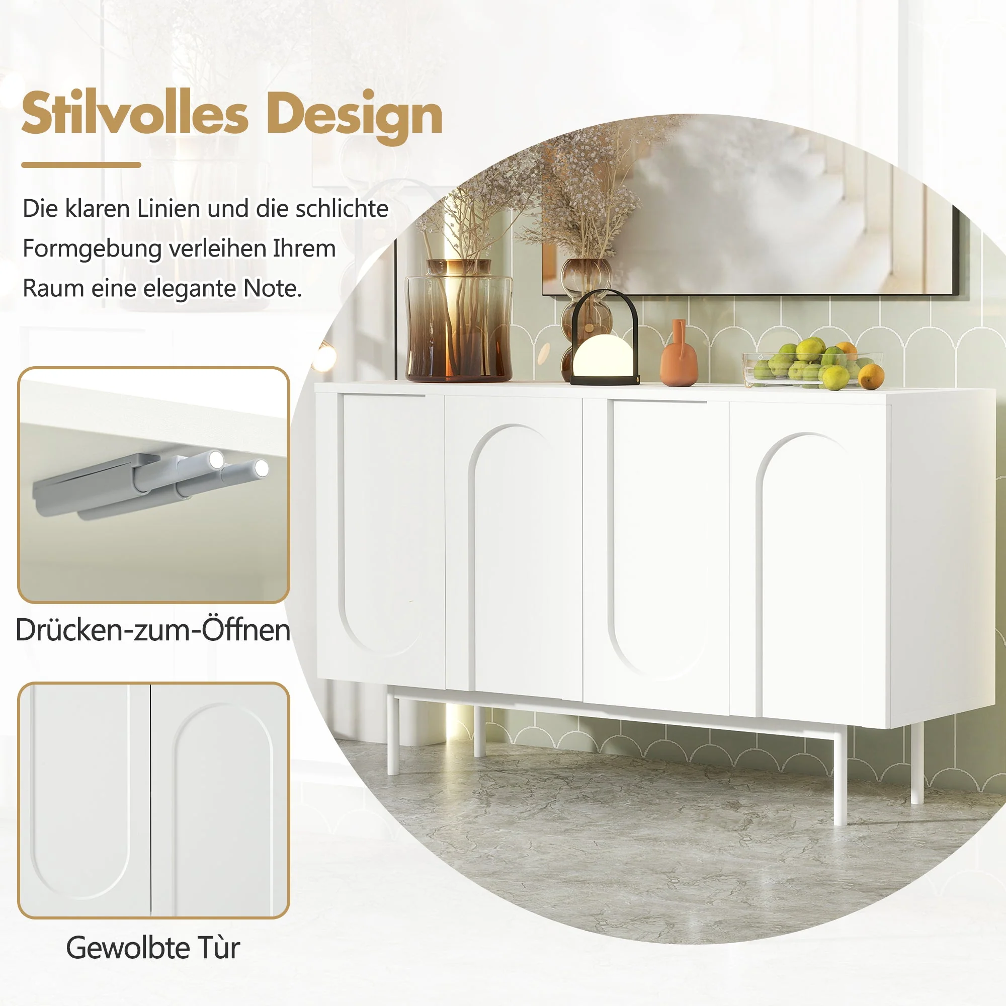 Sideboard, Minimalist Arched Pattern 4-Door, Pure White - Image 6