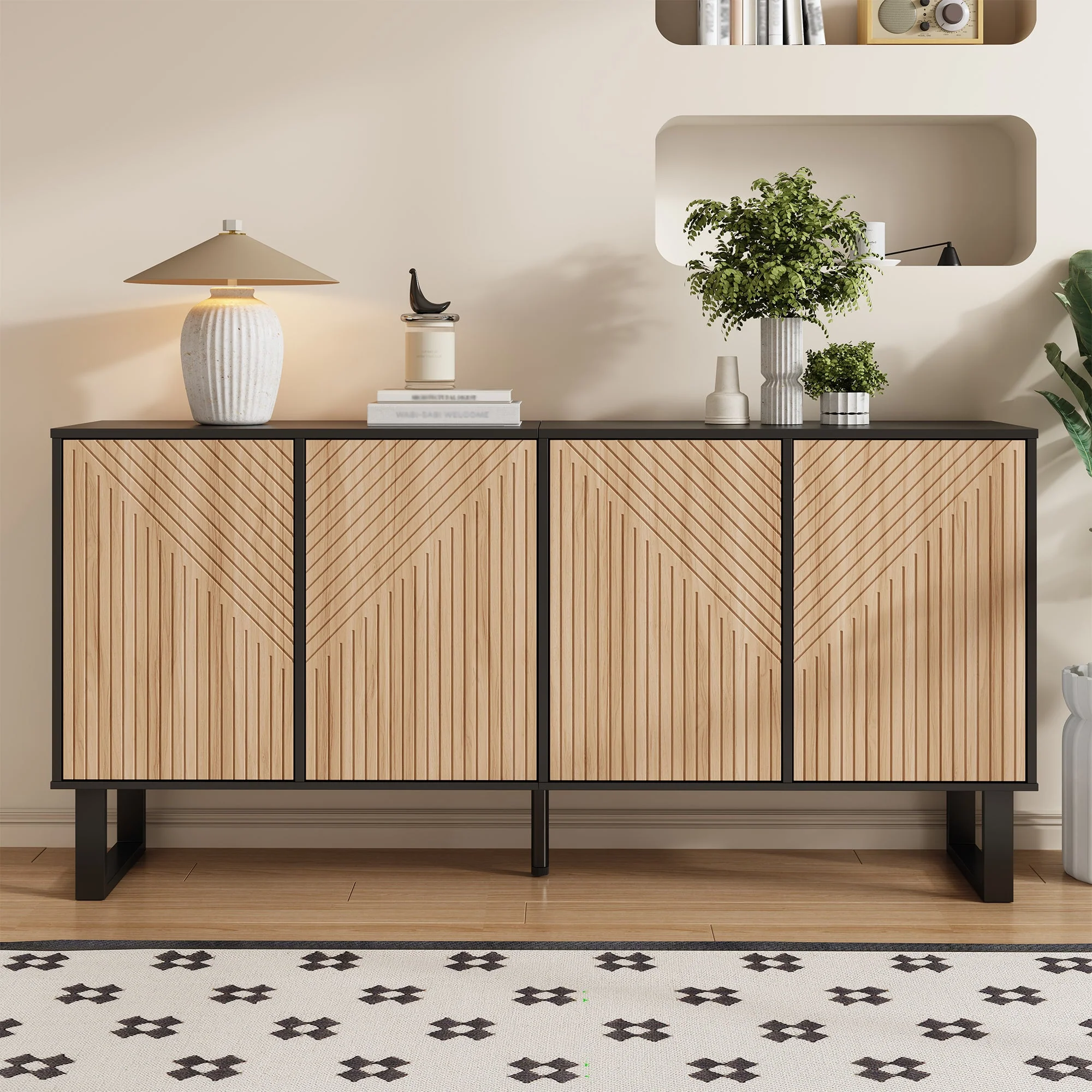 Sideboard, Minimalist with 3D Striped Front and Extra Large Storage, Black Wood Grain - Image 7