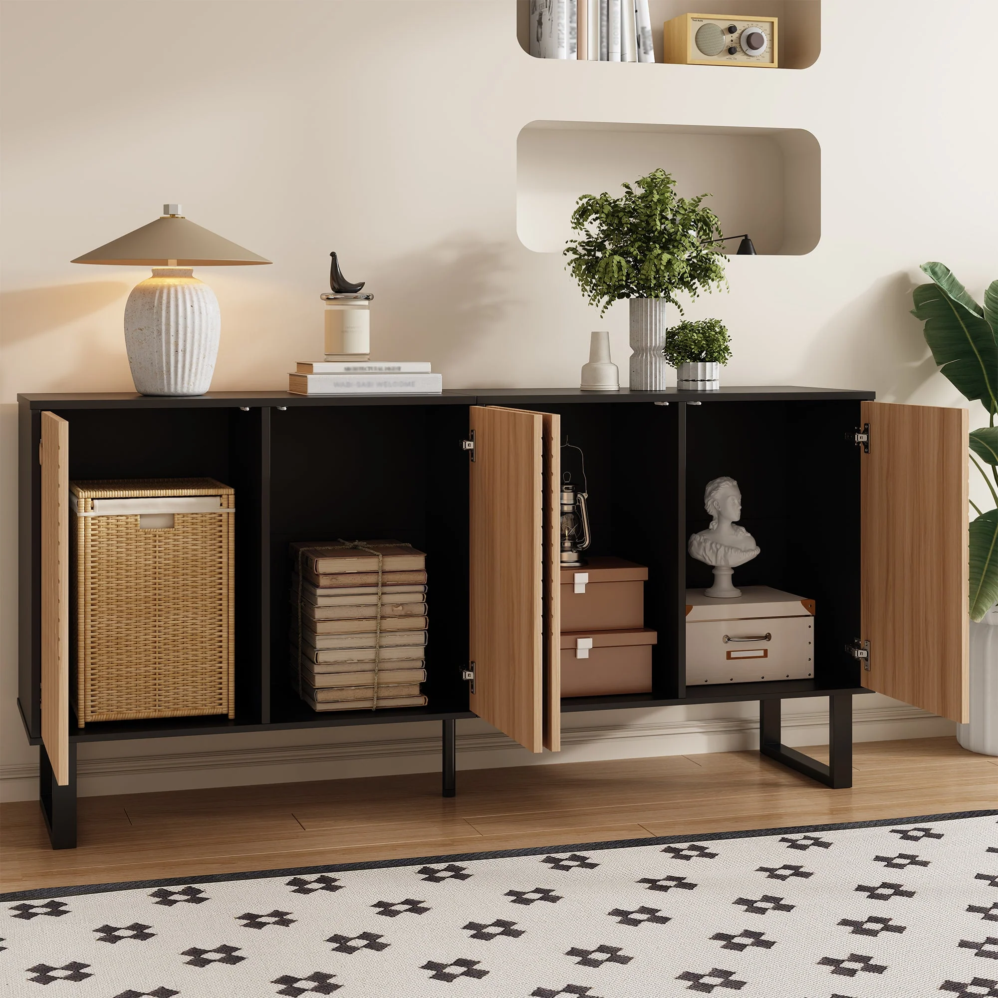 Sideboard, Minimalist with 3D Striped Front and Extra Large Storage, Black Wood Grain - Image 9