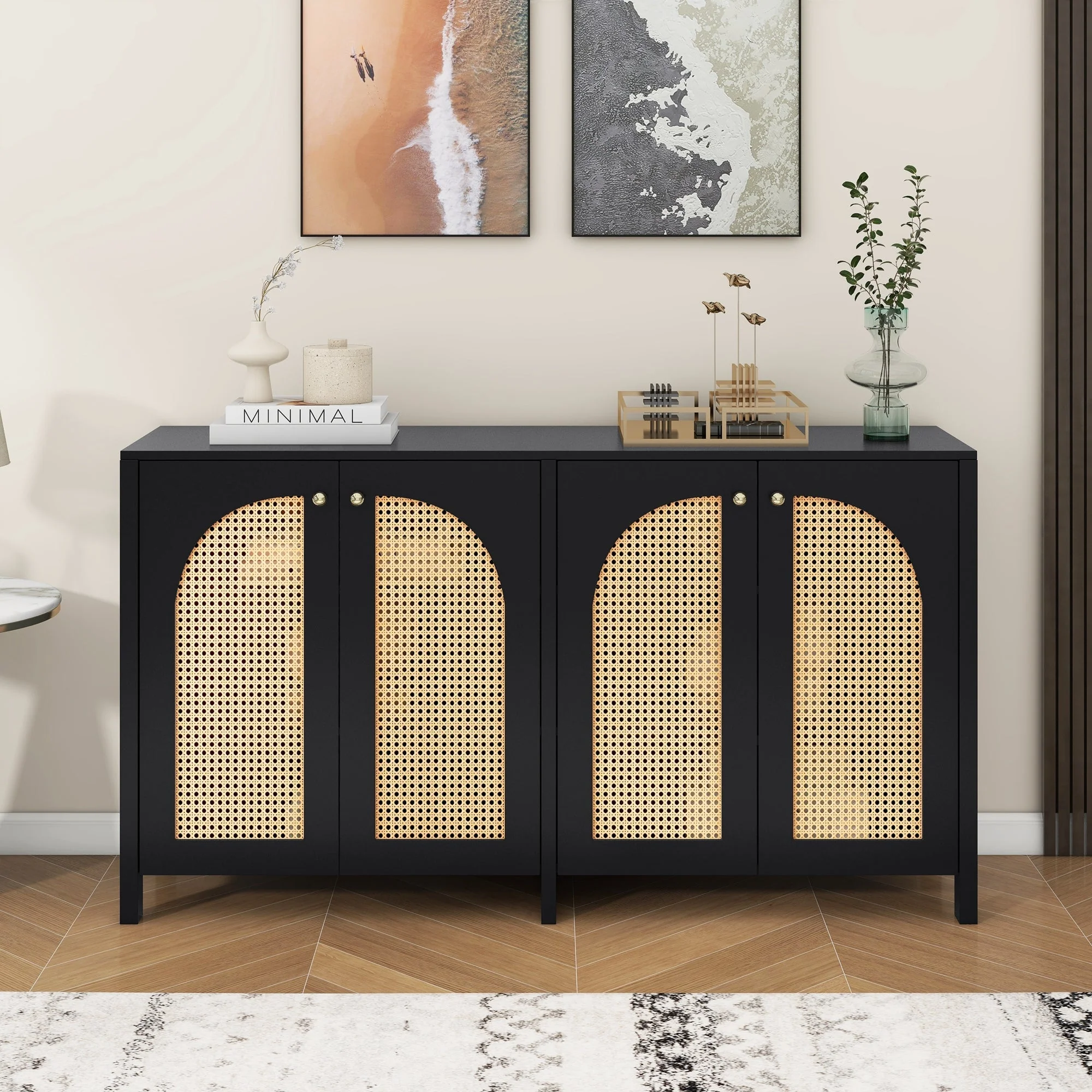 Sideboard, Minimalist with 4 Rattan Doors & Metal Handles, Black - Image 2