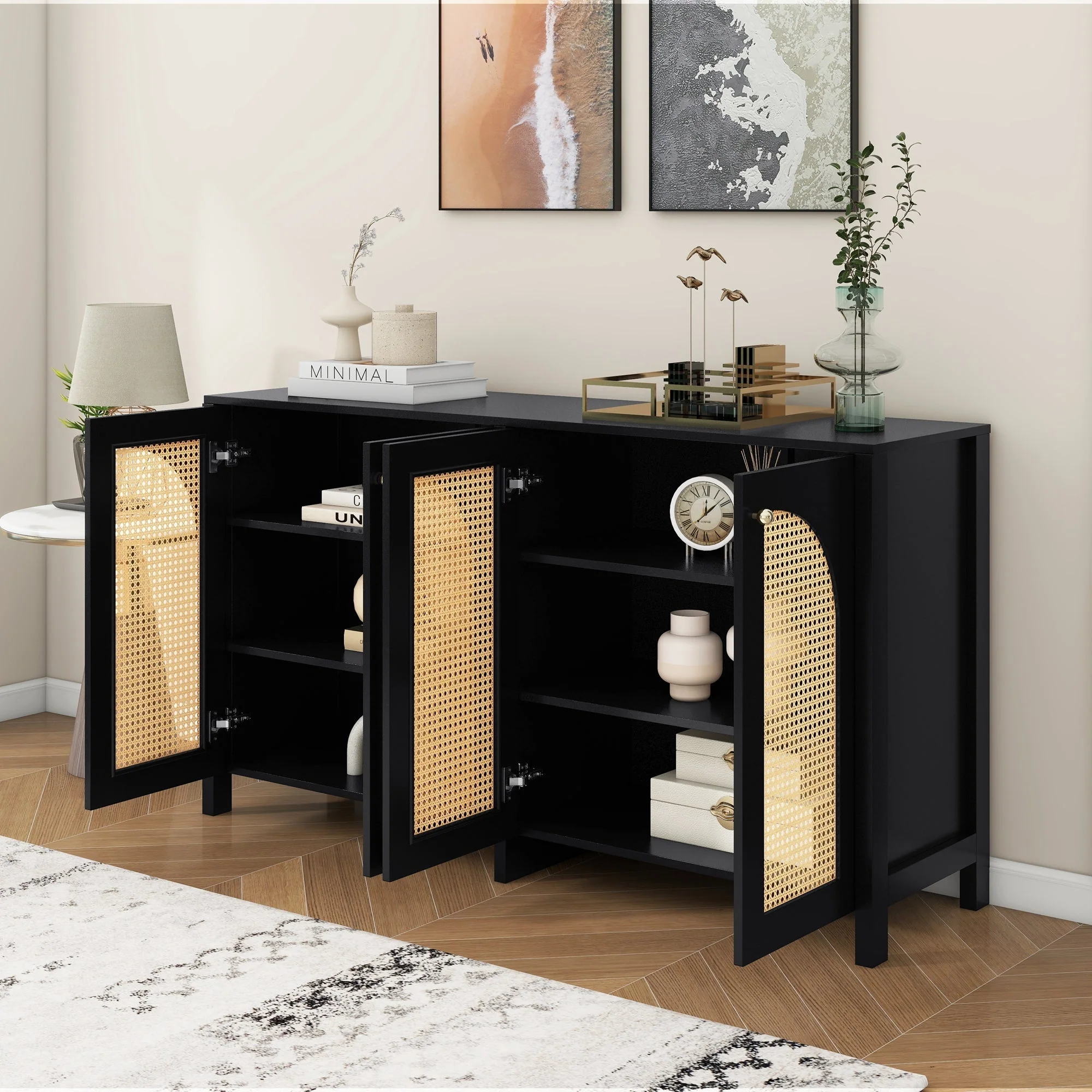 Sideboard, Minimalist with 4 Rattan Doors & Metal Handles, Black - Image 3