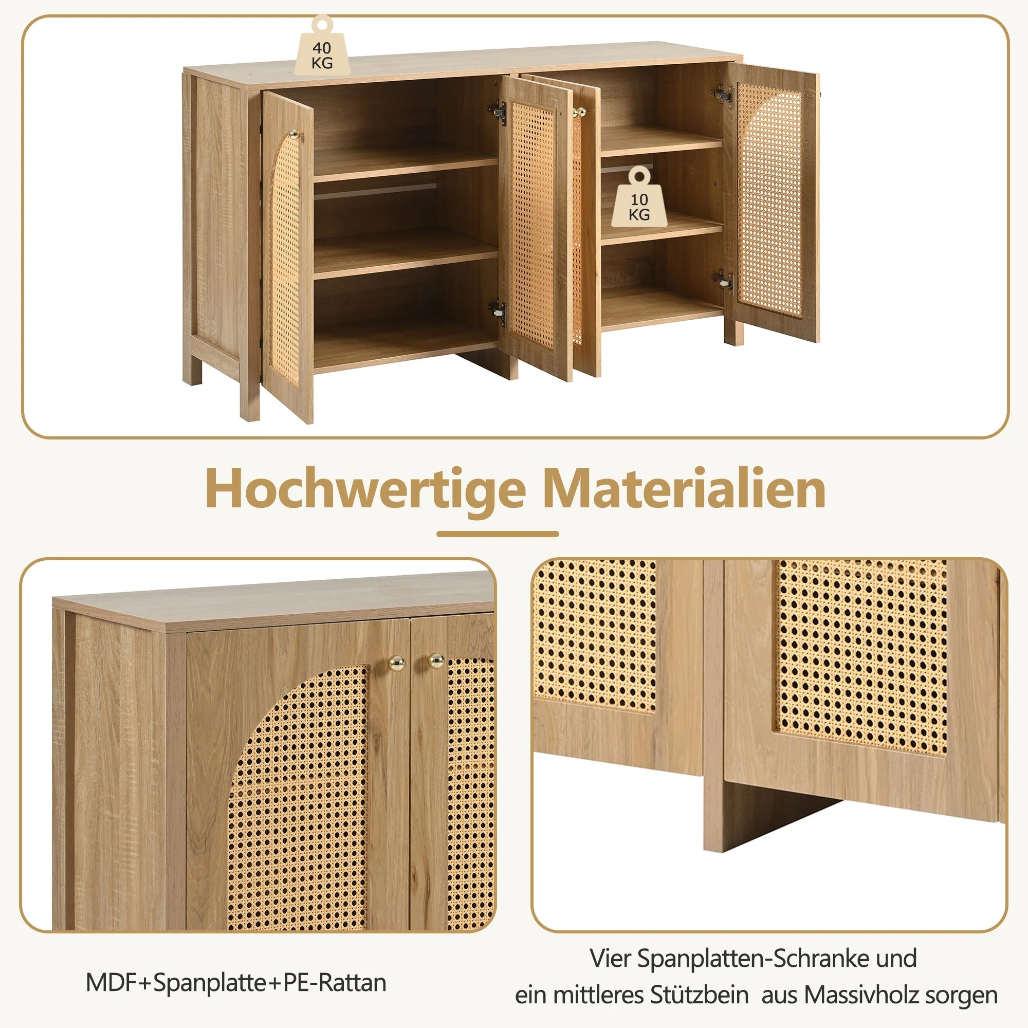 Sideboard, Minimalist with 4 Rattan Doors & Metal Handles, Natural Wood - Image 10