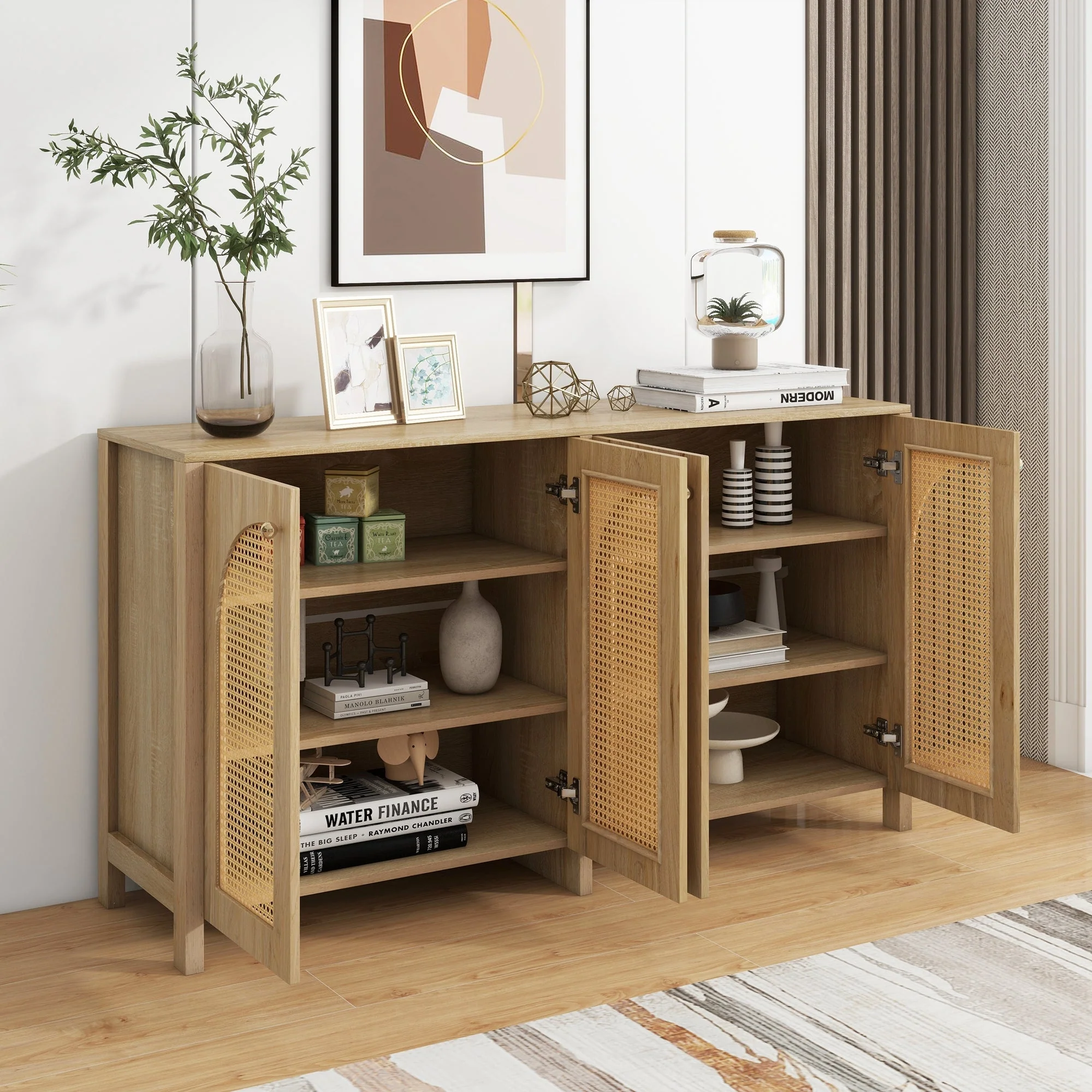 Sideboard, Minimalist with 4 Rattan Doors & Metal Handles, Natural Wood - Image 4