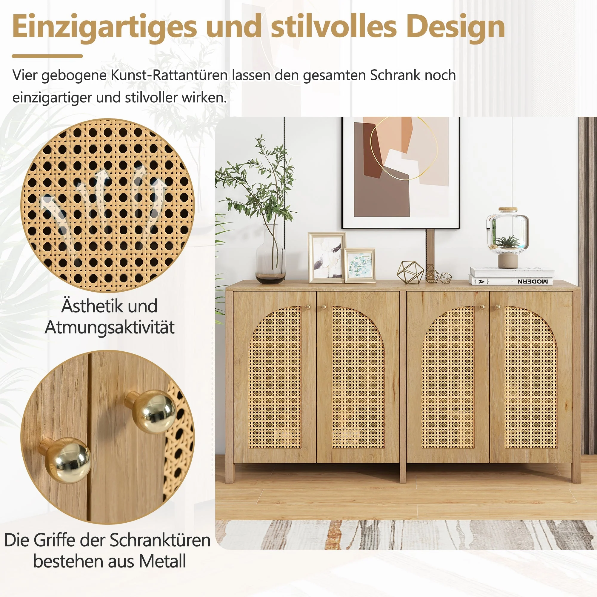 Sideboard, Minimalist with 4 Rattan Doors & Metal Handles, Natural Wood - Image 8