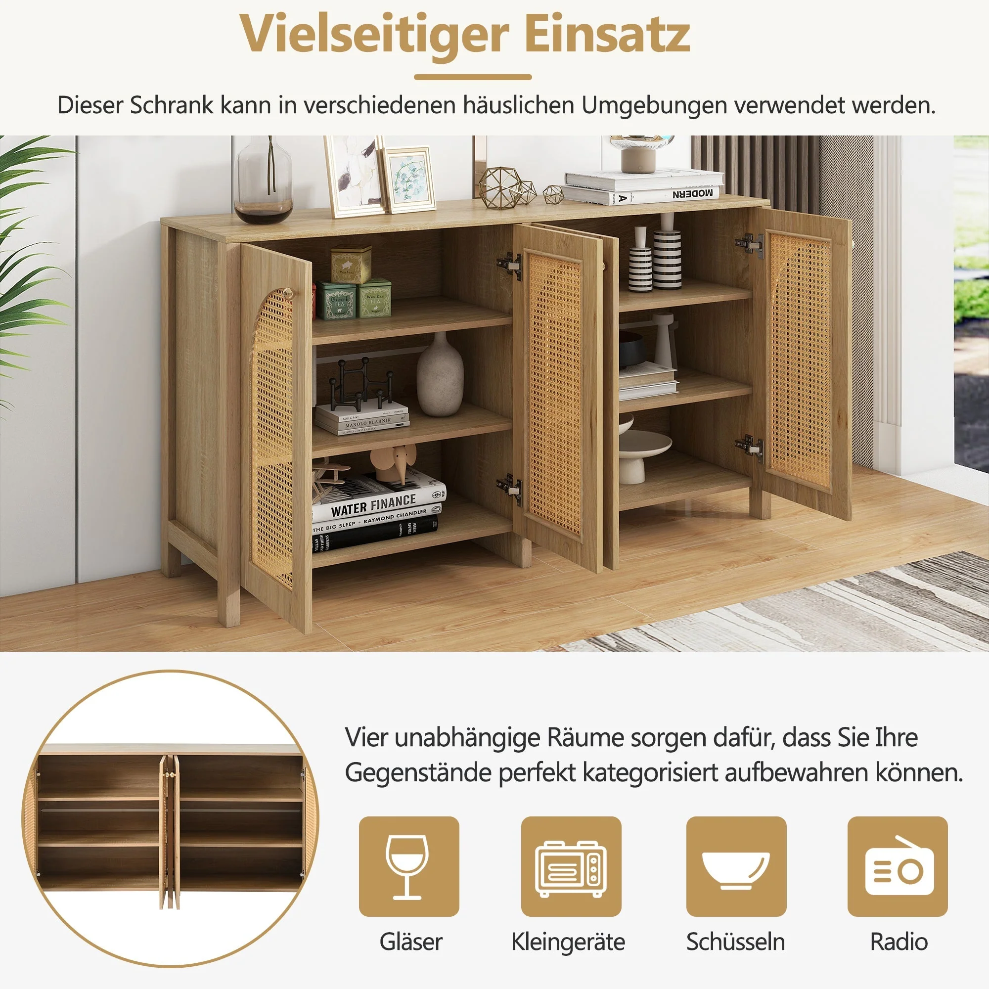 Sideboard, Minimalist with 4 Rattan Doors & Metal Handles, Natural Wood - Image 9