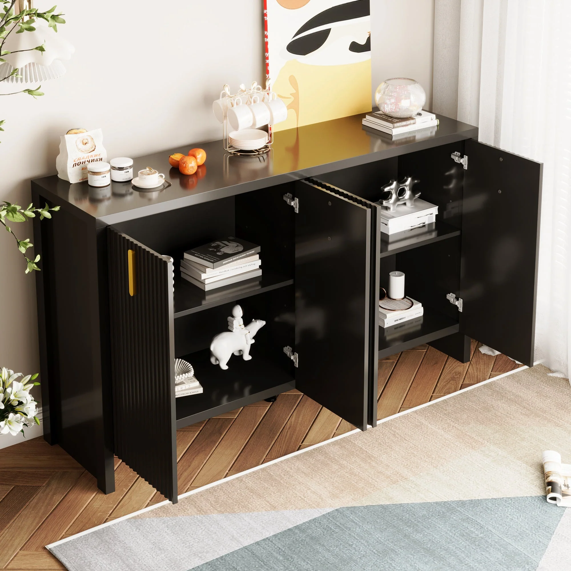 Sideboard, Minimalist with Flexible Storage, Gold Handles & Adjustable Dividers, Black - Image 3