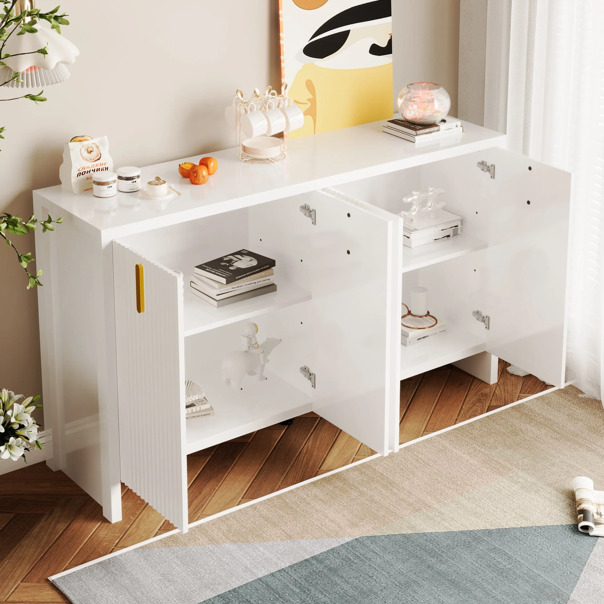 Sideboard, Minimalist with Golden Handles & Adjustable Dividers, White - Image 3