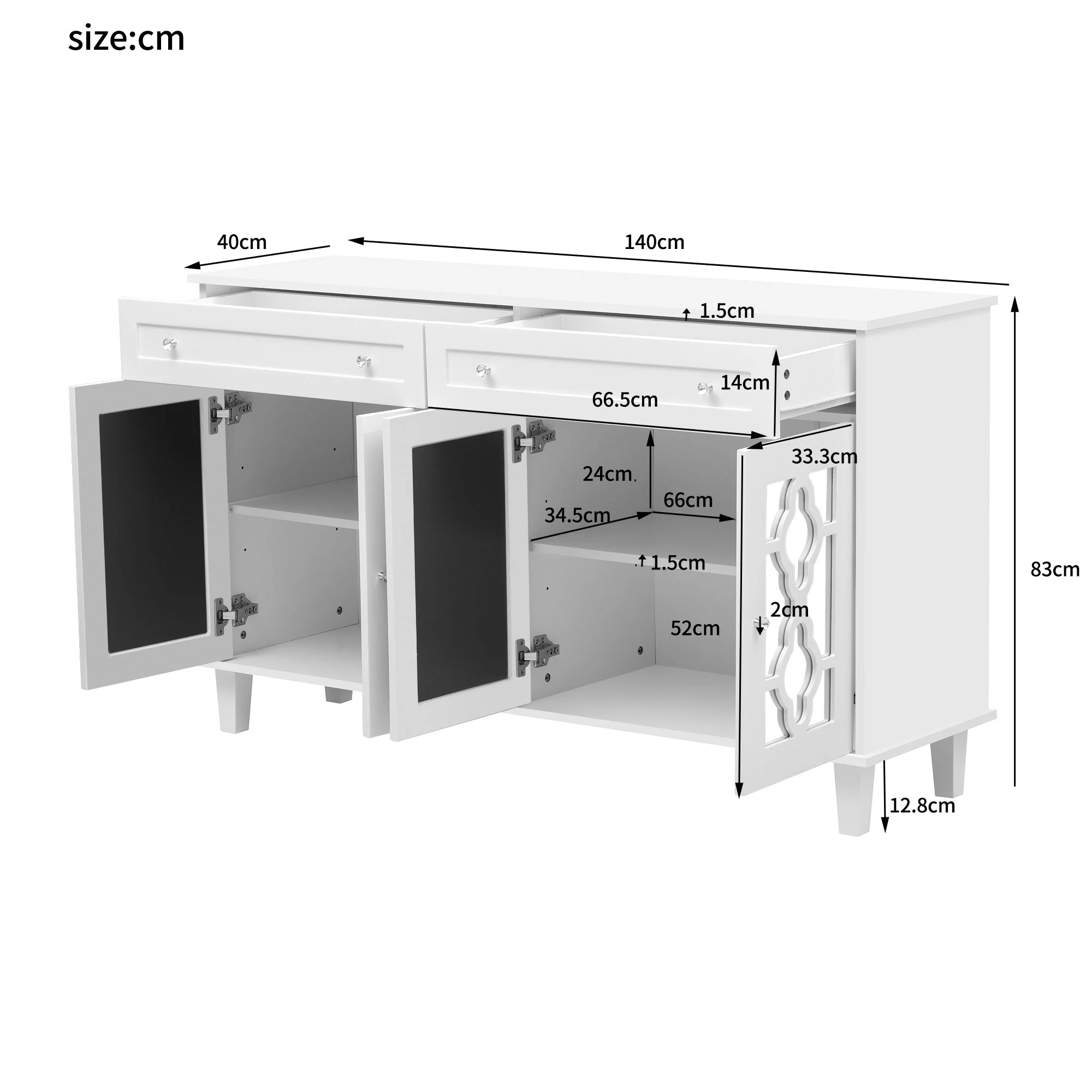 Sideboard Mirrored Doors Drawers Adjustable Shelves, Crystal Handles - Image 6