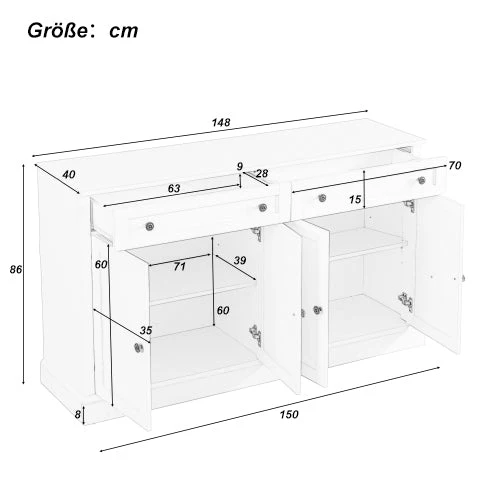 Sideboard, Modern Buffet with 4 Doors & 2 Drawers, 150x40x86cm, Antique White - Image 5