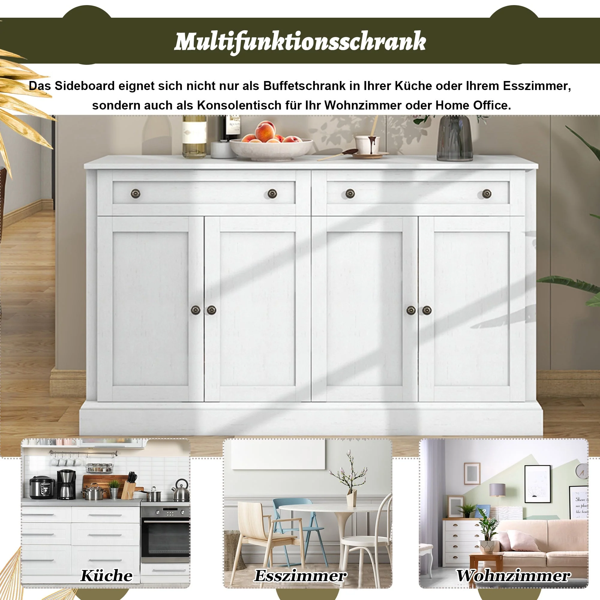 Sideboard, Modern Buffet with 4 Doors & 2 Drawers, 150x40x86cm, Antique White - Image 6
