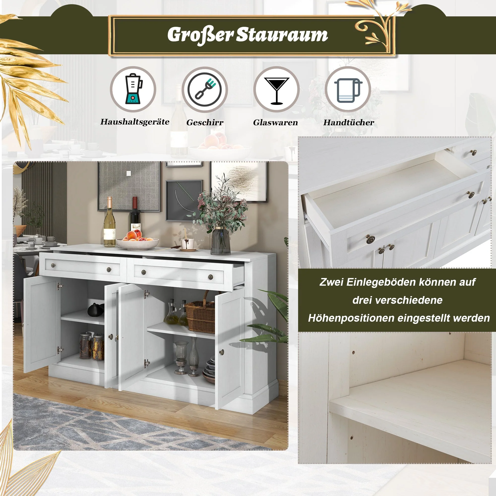 Sideboard, Modern Buffet with 4 Doors & 2 Drawers, 150x40x86cm, Antique White - Image 8