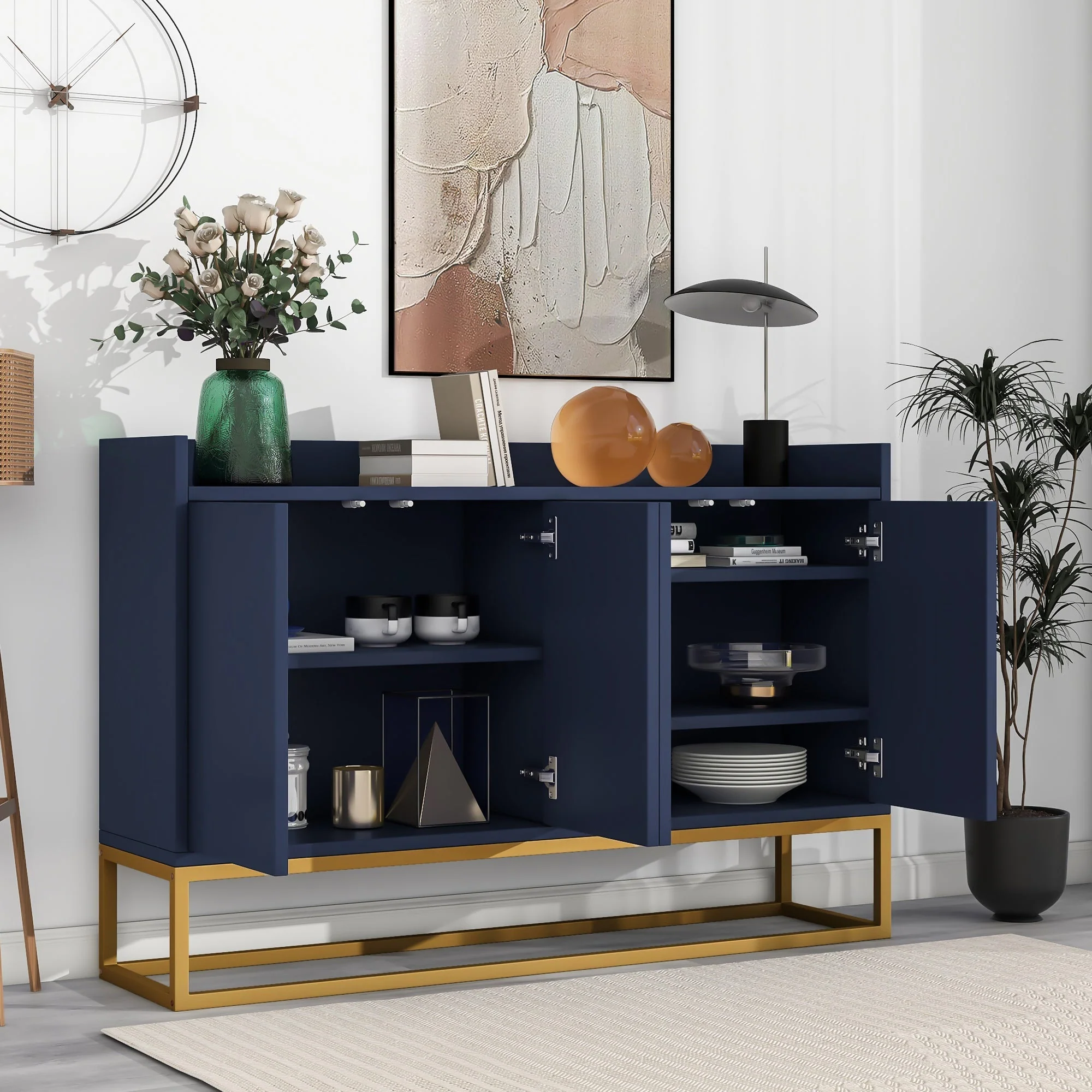 Sideboard, Modern Minimalist 4-Door Handleless Buffet, Navy Blue - Image 3