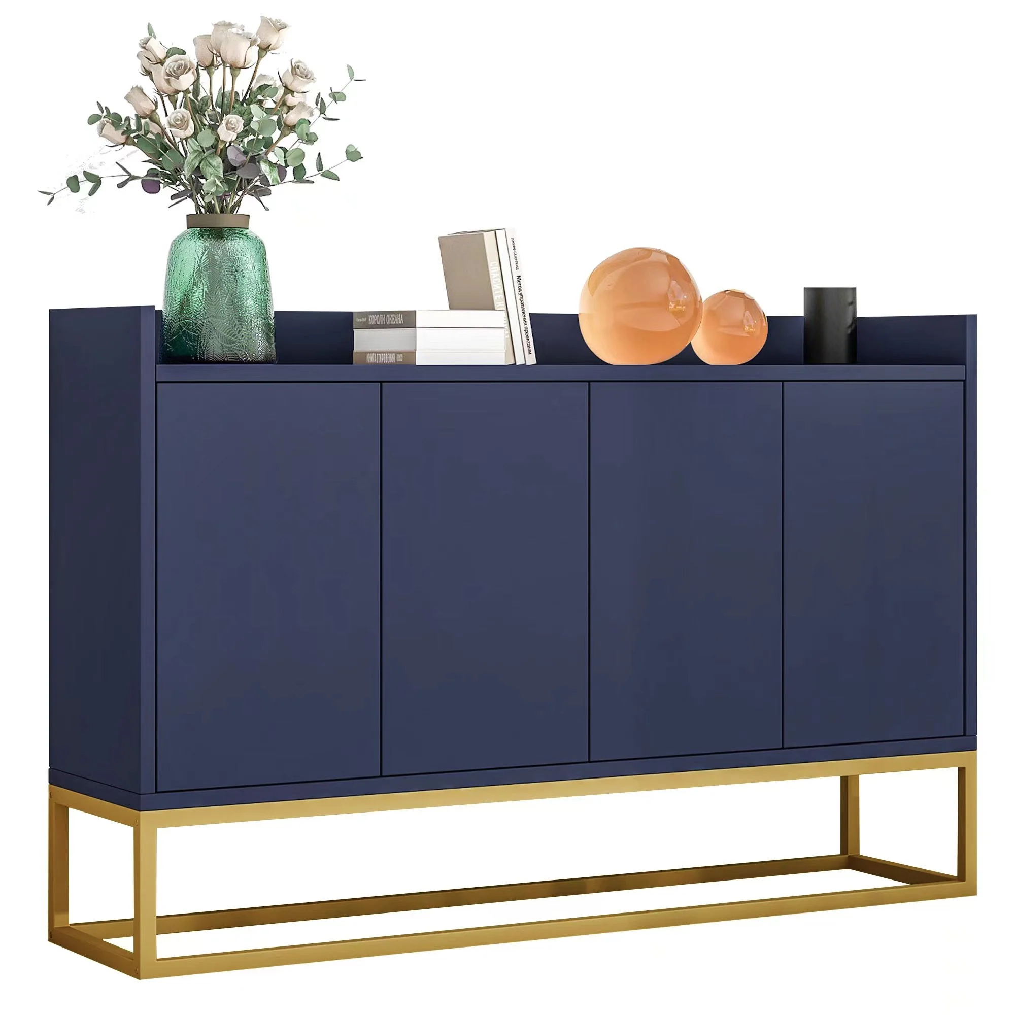 Sideboard, Modern Minimalist 4-Door Handleless Buffet, Navy Blue - Image 4