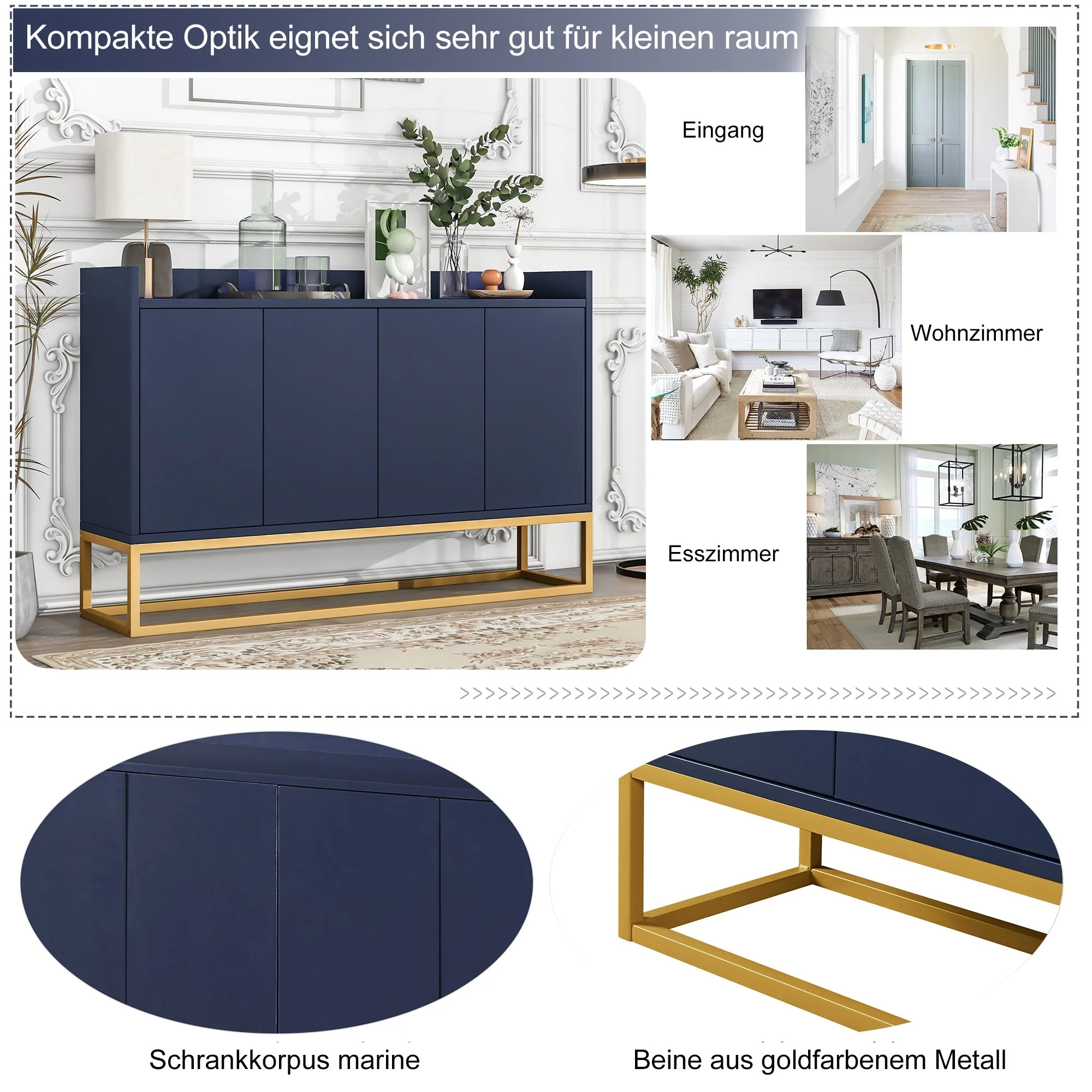 Sideboard, Modern Minimalist 4-Door Handleless Buffet, Navy Blue - Image 6