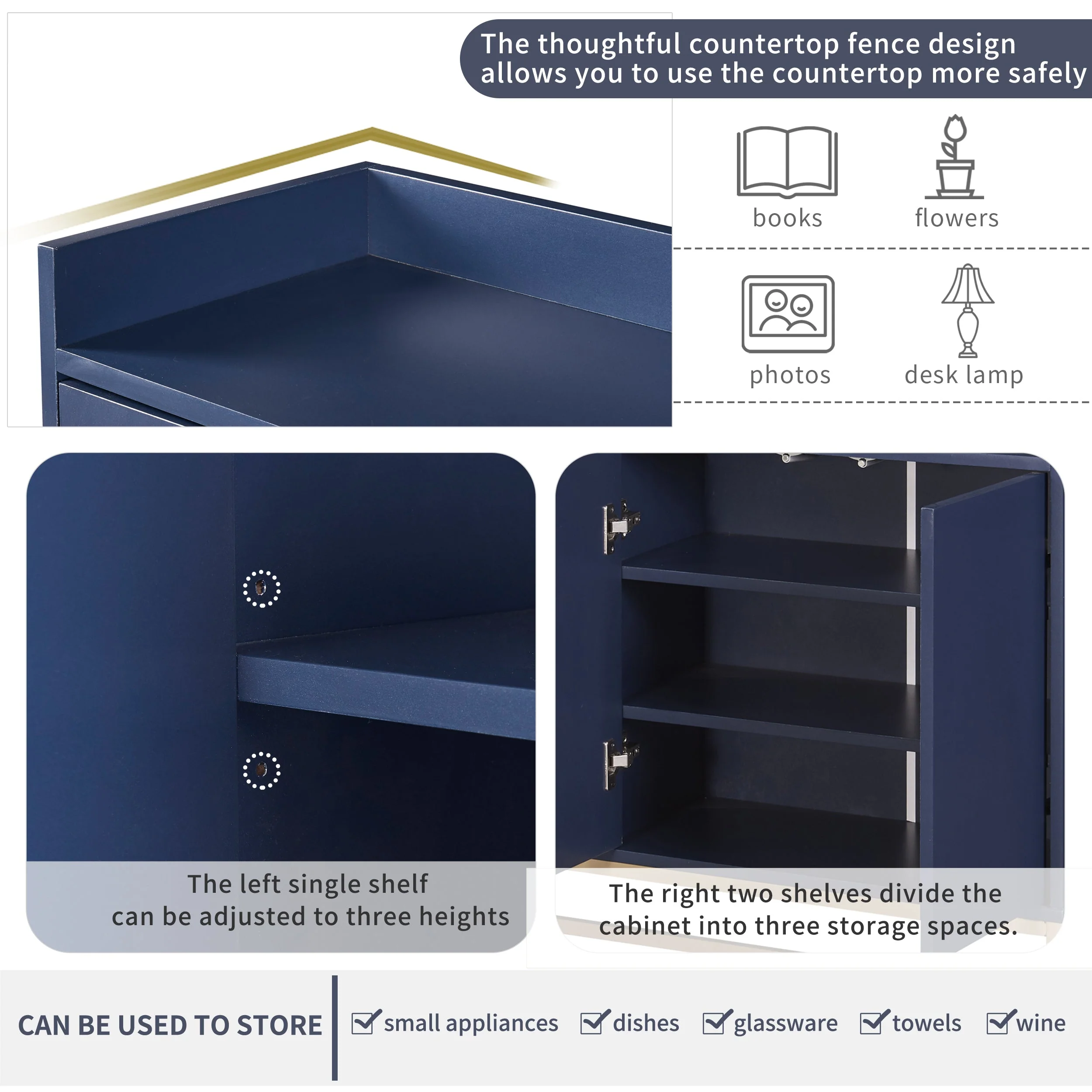 Sideboard, Modern Minimalist 4-Door Handleless Buffet, Navy Blue - Image 7