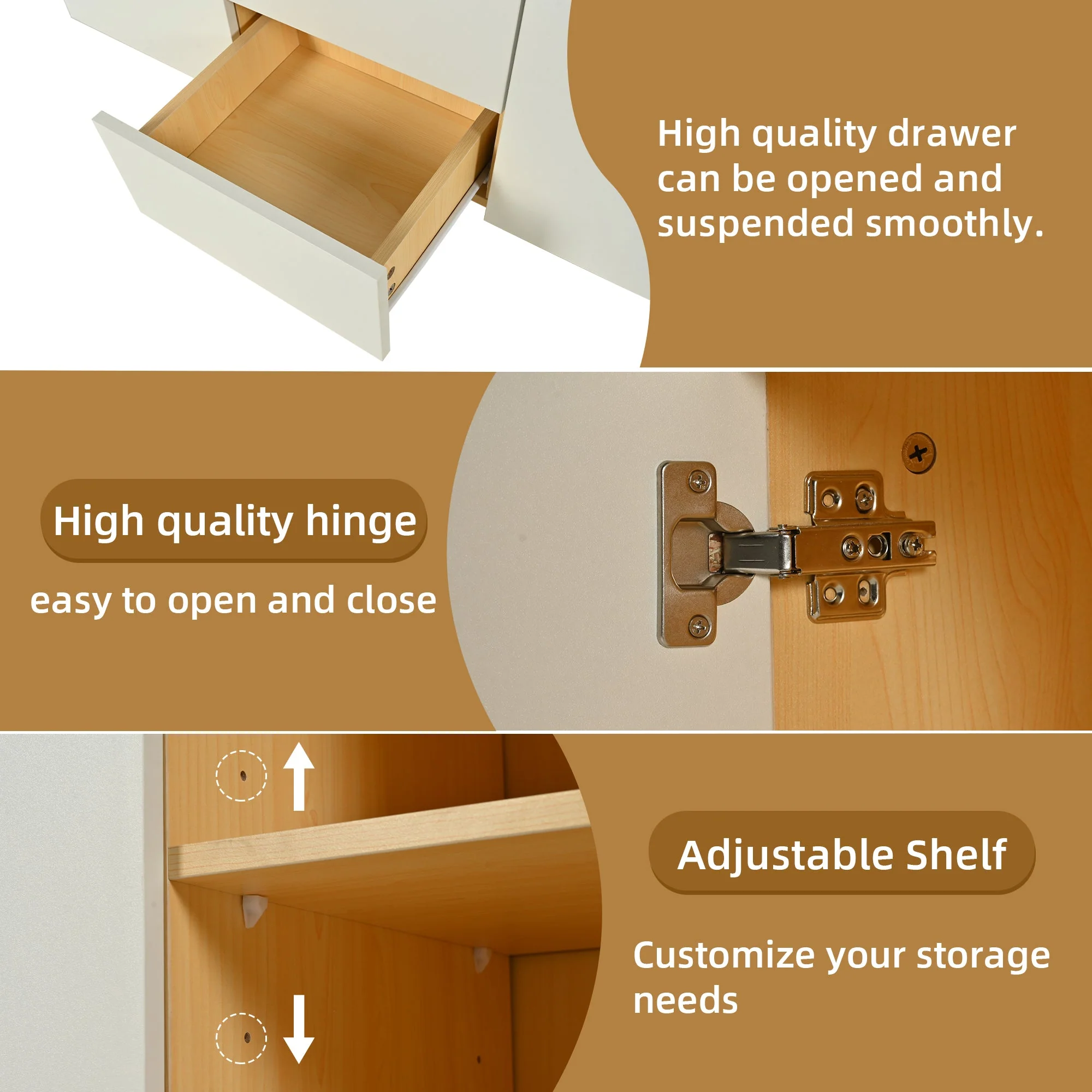 Sideboard, Multifunctional with 2 Doors, 3 Drawers, 2 Open, LED, White/Wood Imitation - Image 5