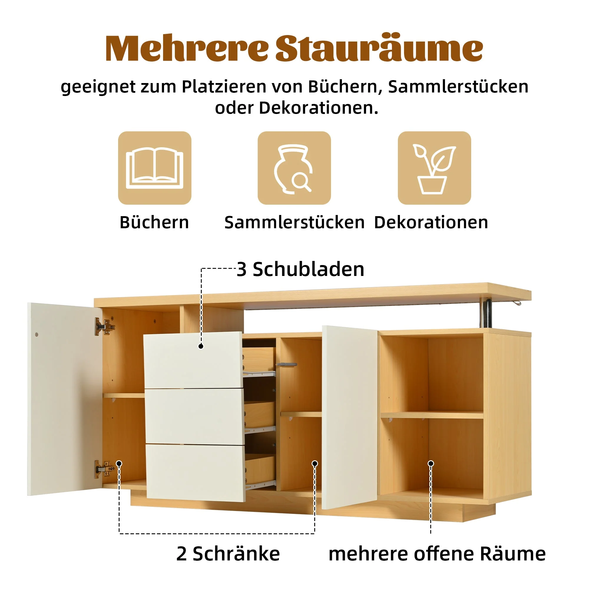 Sideboard, Multifunctional with 2 Doors, 3 Drawers, 2 Open, LED, White/Wood Imitation - Image 9