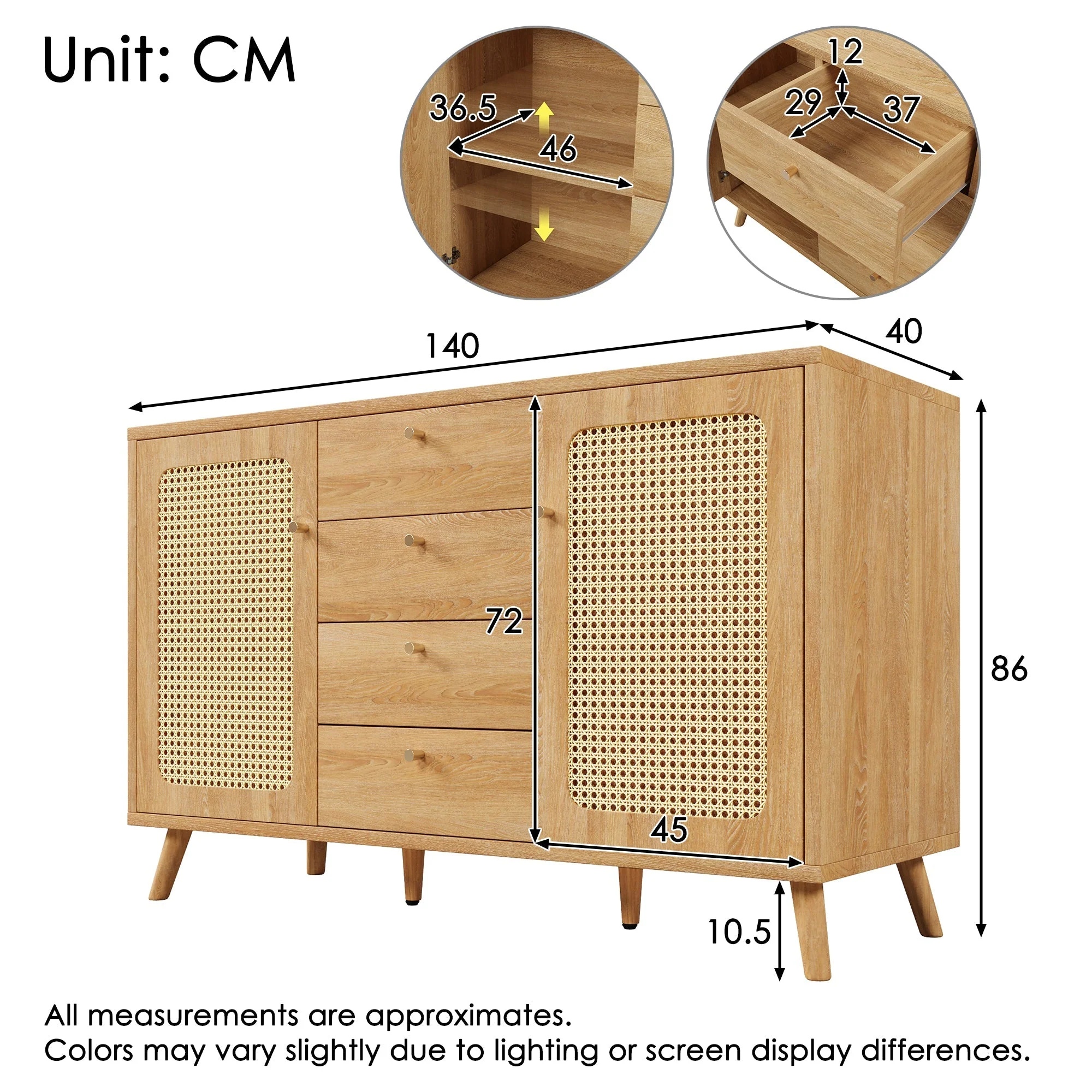 Sideboard Rattan Look Storage Cabinet 4 Drawers 2 Doors - Light Oak - Image 3