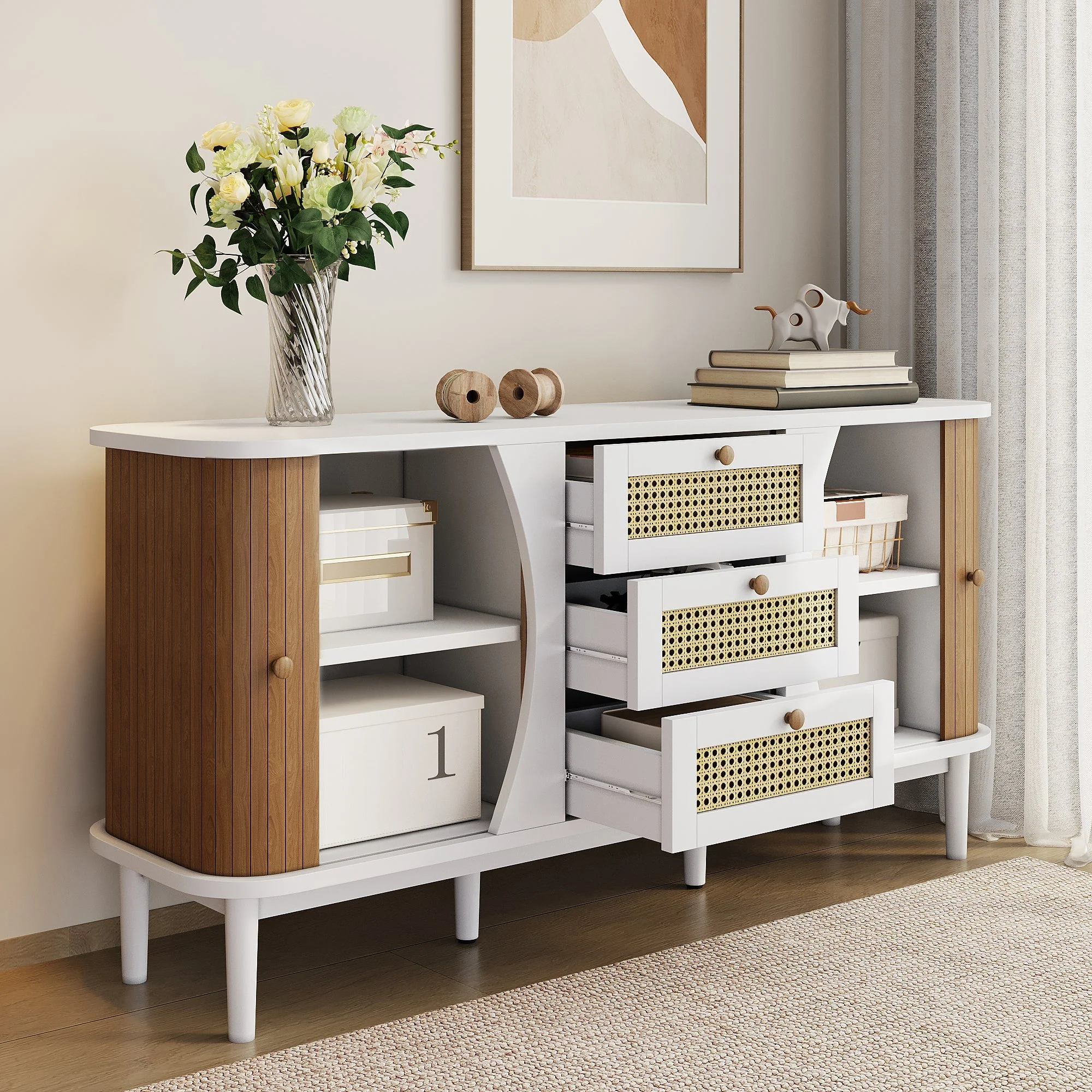 Sideboard, Rattan Sliding Door Chest, Adjustable Shelves, White and Wood - Image 10