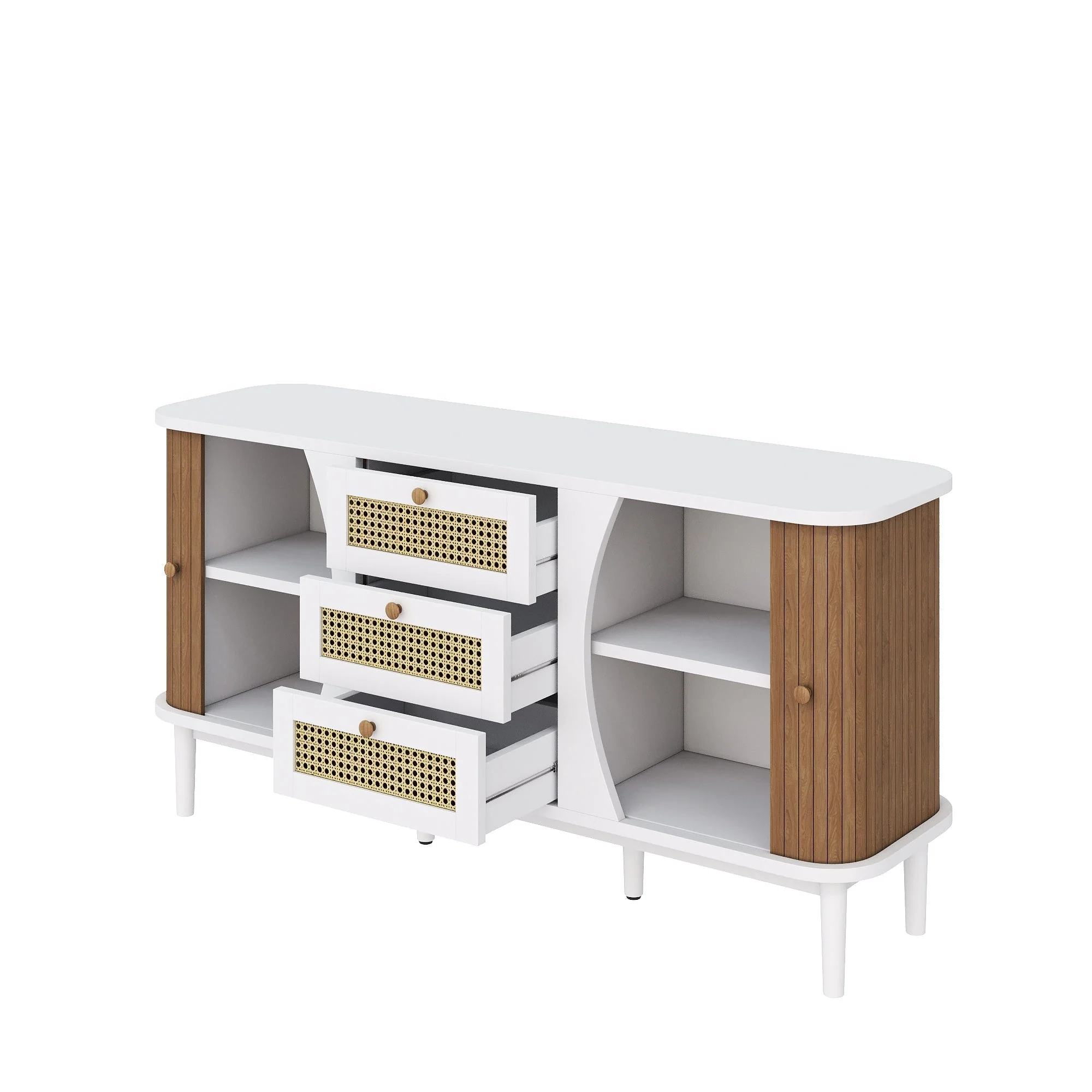 Sideboard, Rattan Sliding Door Chest, Adjustable Shelves, White and Wood - Image 6
