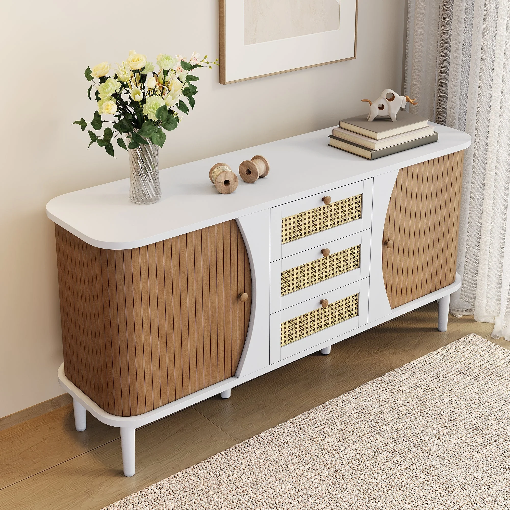 Sideboard, Rattan Sliding Door Chest, Adjustable Shelves, White and Wood - Image 8