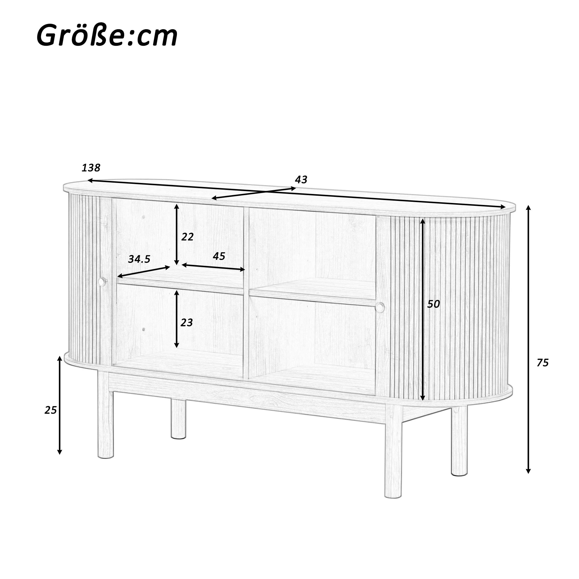 Sideboard, Retro Modern Slatted with Sliding Doors, 138cm Adjustable Shelves, Natural Wood - Image 5