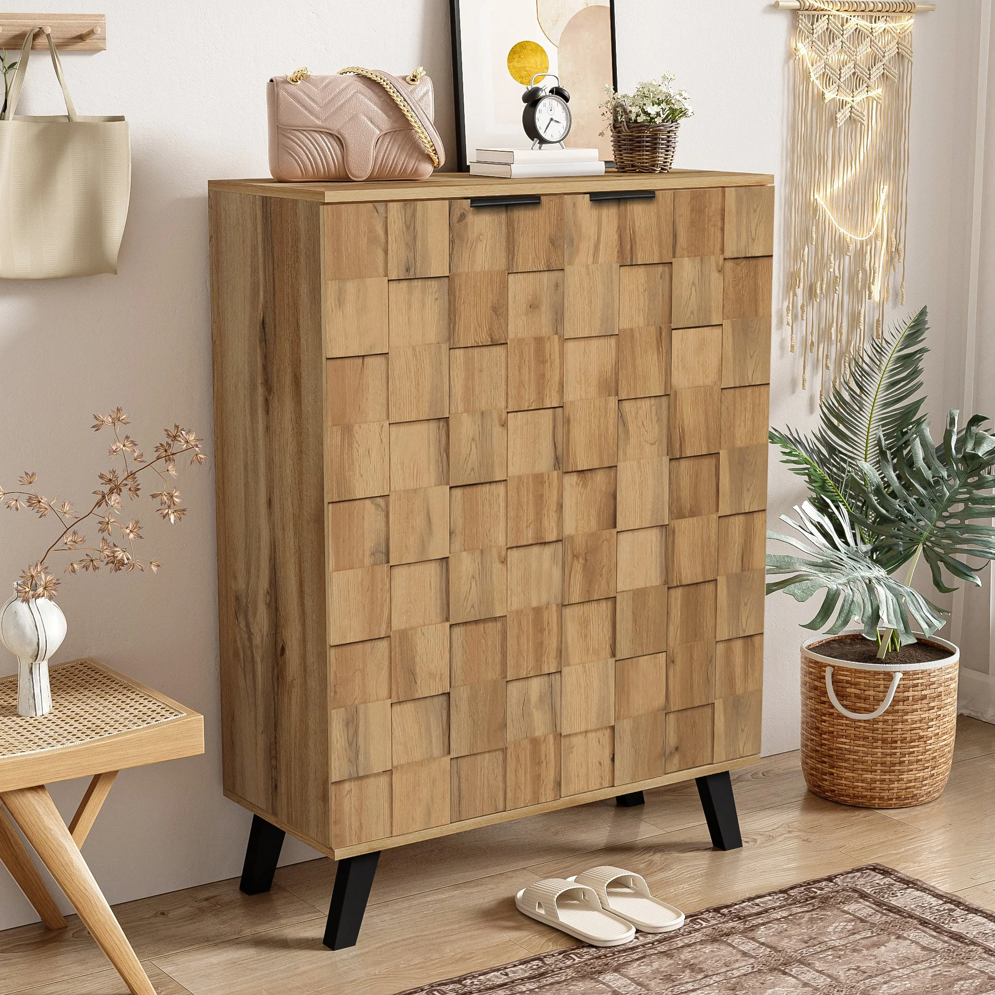 Sideboard Shoe Cabinet with 5 Adjustable Compartments, Wood