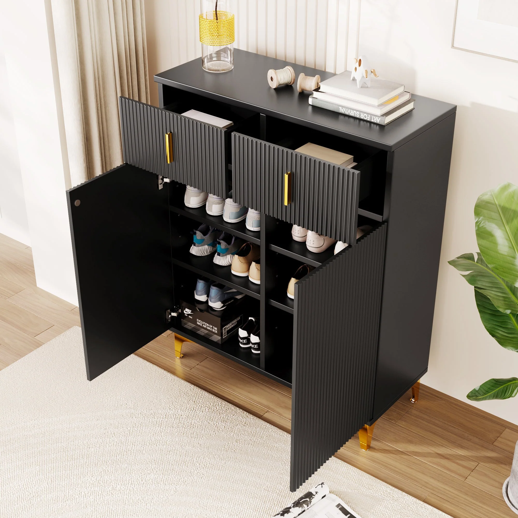 Sideboard/Shoe Cabinet with Adjustable Shelves, Drawers, Gilded Decorations, Black - Image 3