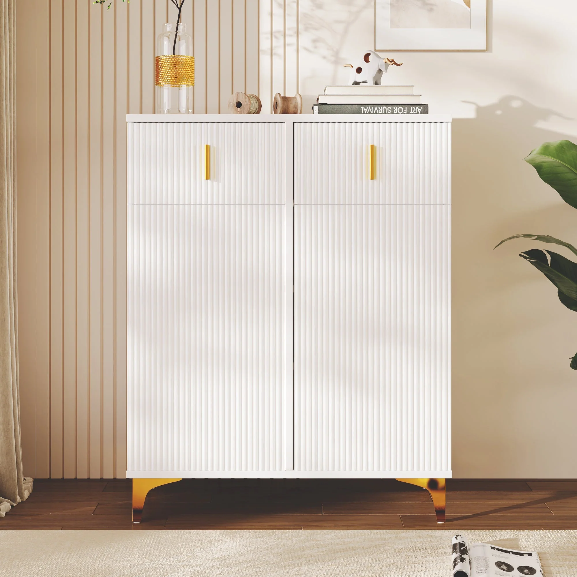Sideboard/Shoe Cabinet with Structural Panels, Adjustable Shelves, Gold-Plated Decorations, and Drawers