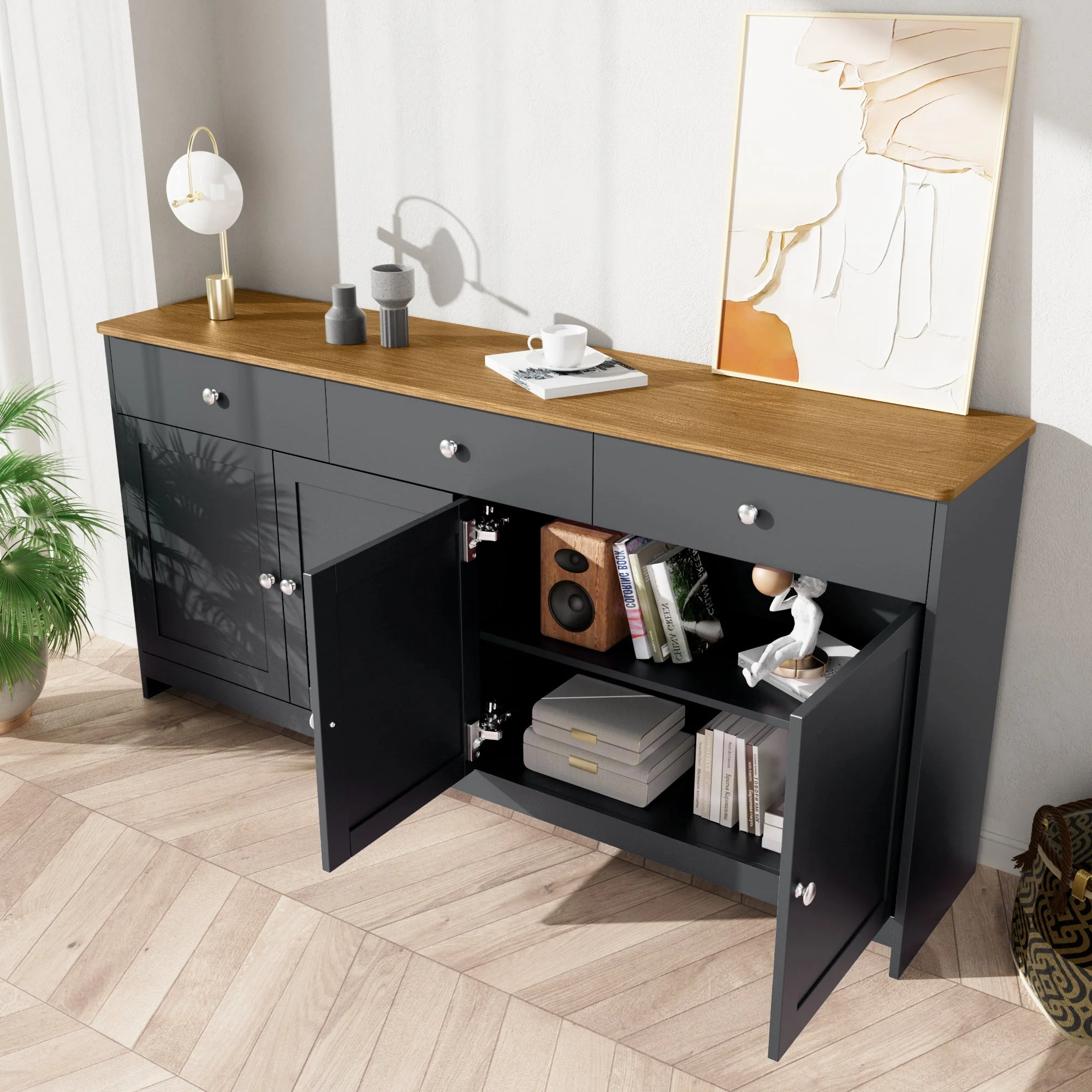 Sideboard Storage Cabinet, 4 Doors 3 Drawers Wood Grain, Grey and Black - Image 3