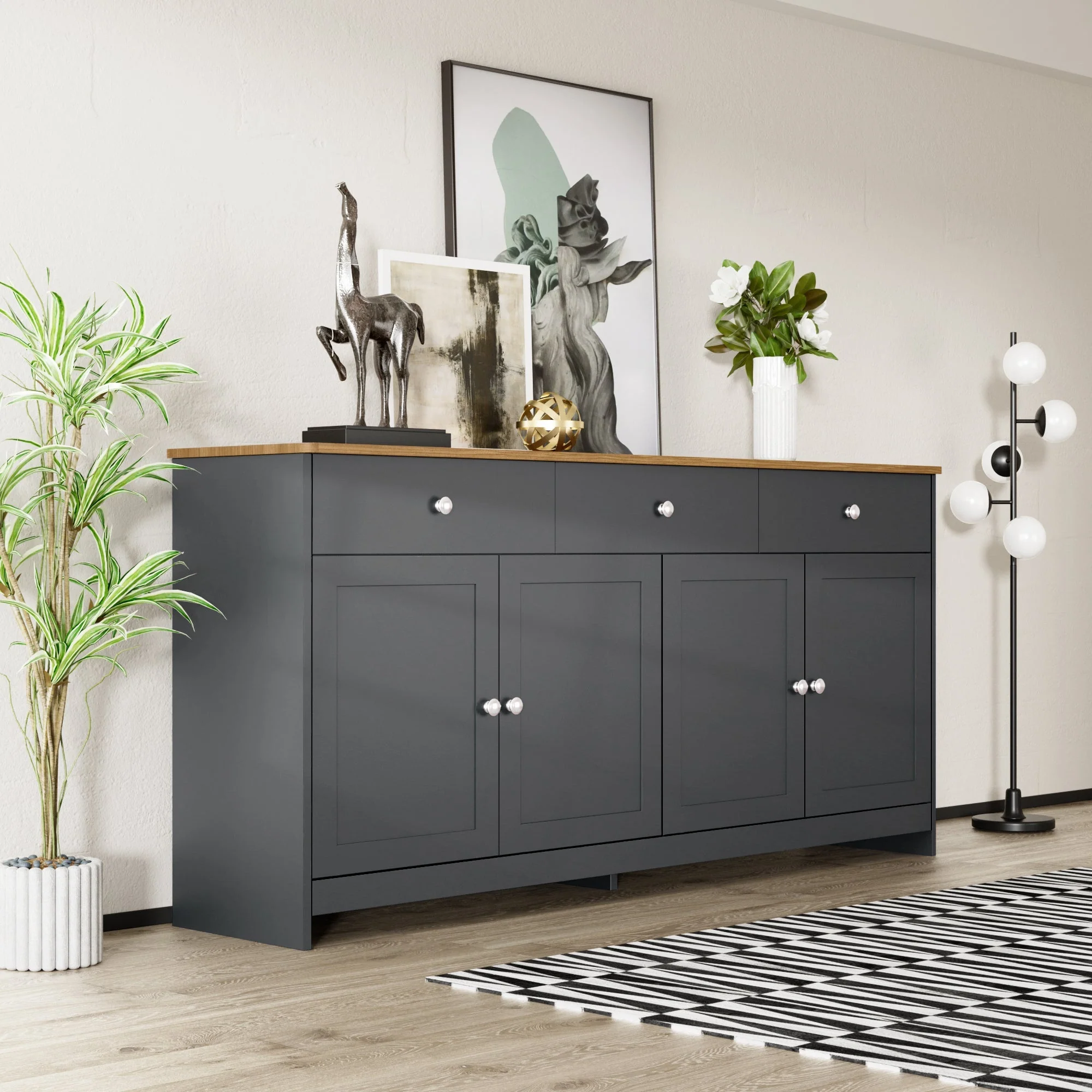 Sideboard Storage Cabinet, 4 Doors 3 Drawers Wood Grain, Grey and Black - Image 4