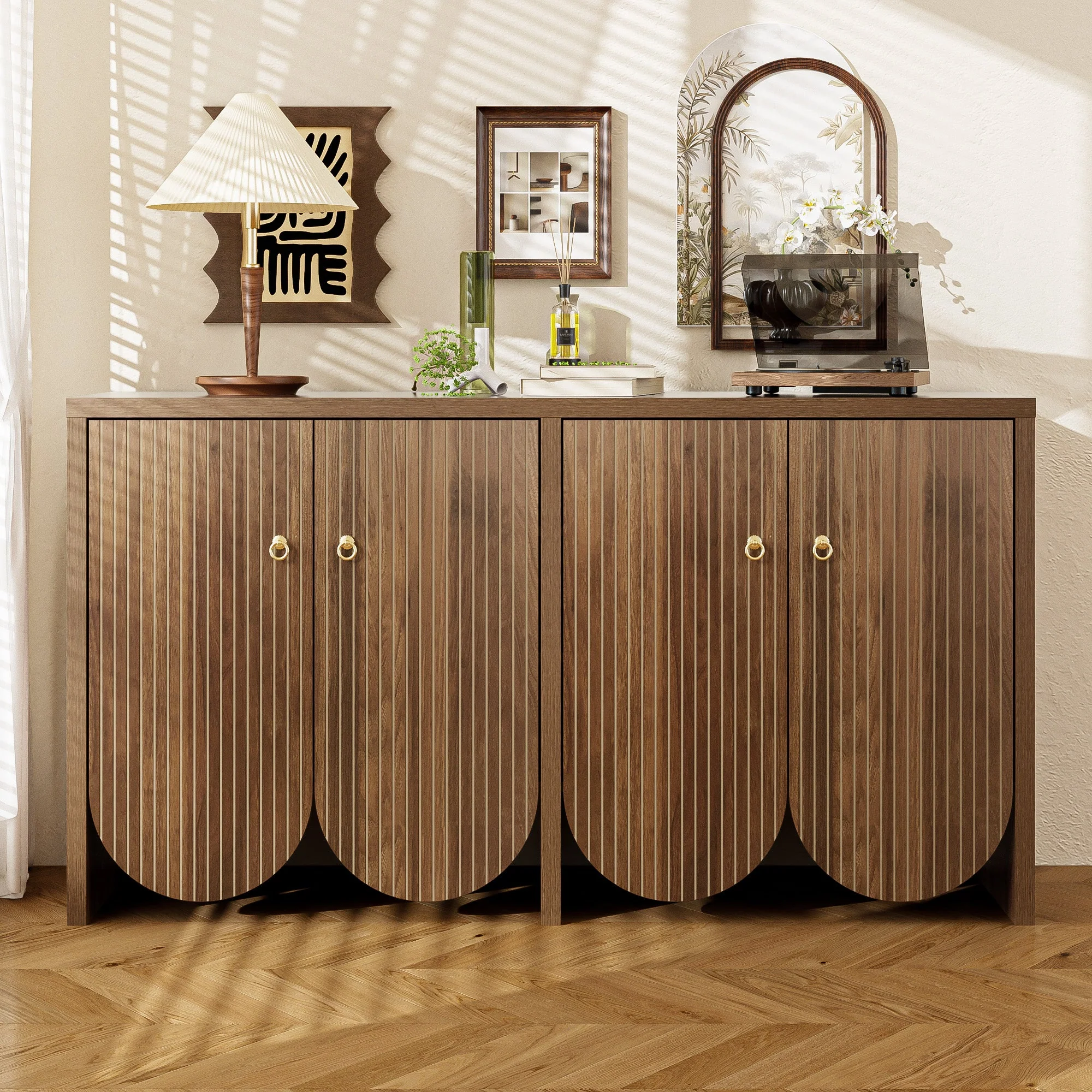 Sideboard Storage Cabinet 4 Doors Adjustable Shelves, Walnut Finish - Image 3