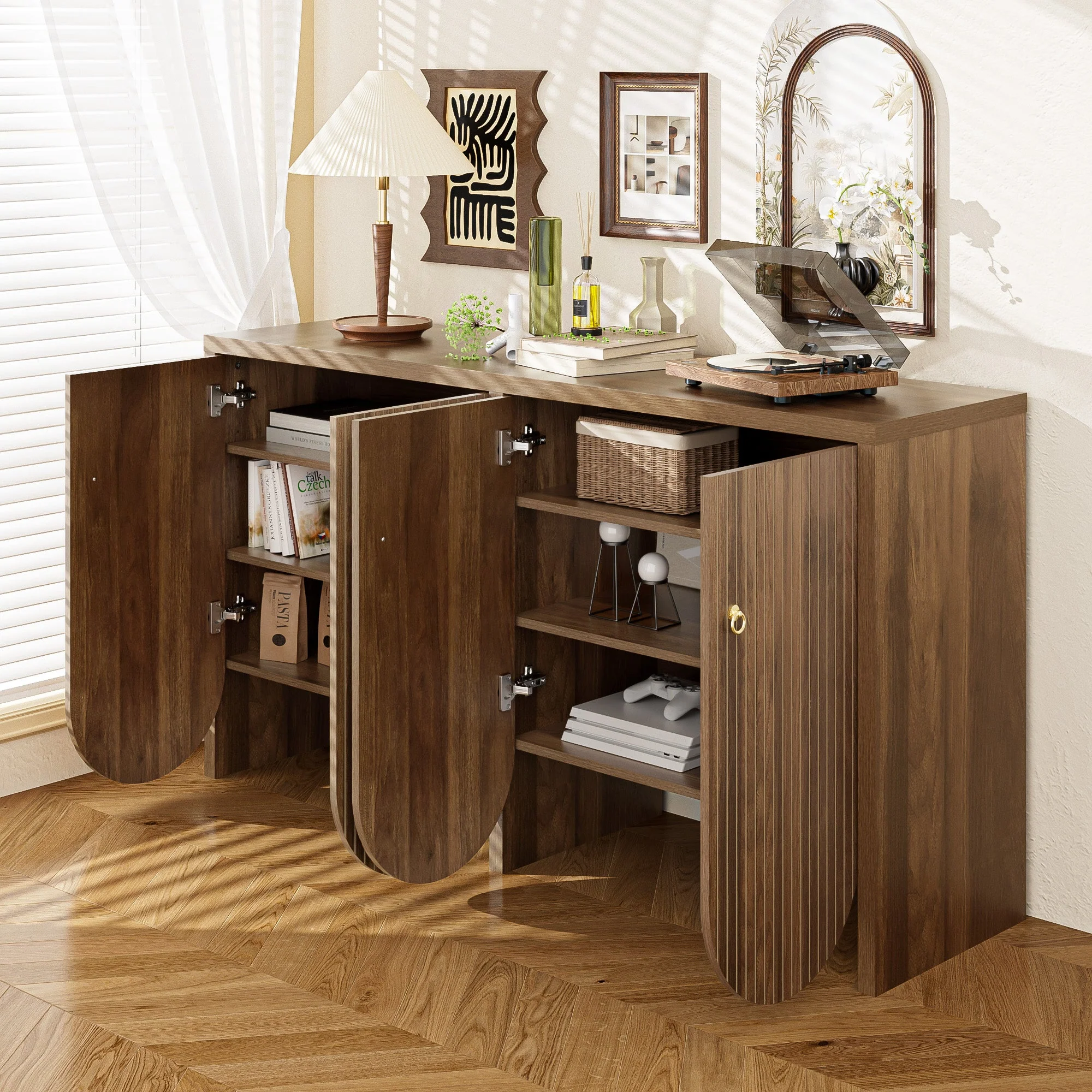 Sideboard Storage Cabinet 4 Doors Adjustable Shelves, Walnut Finish - Image 4