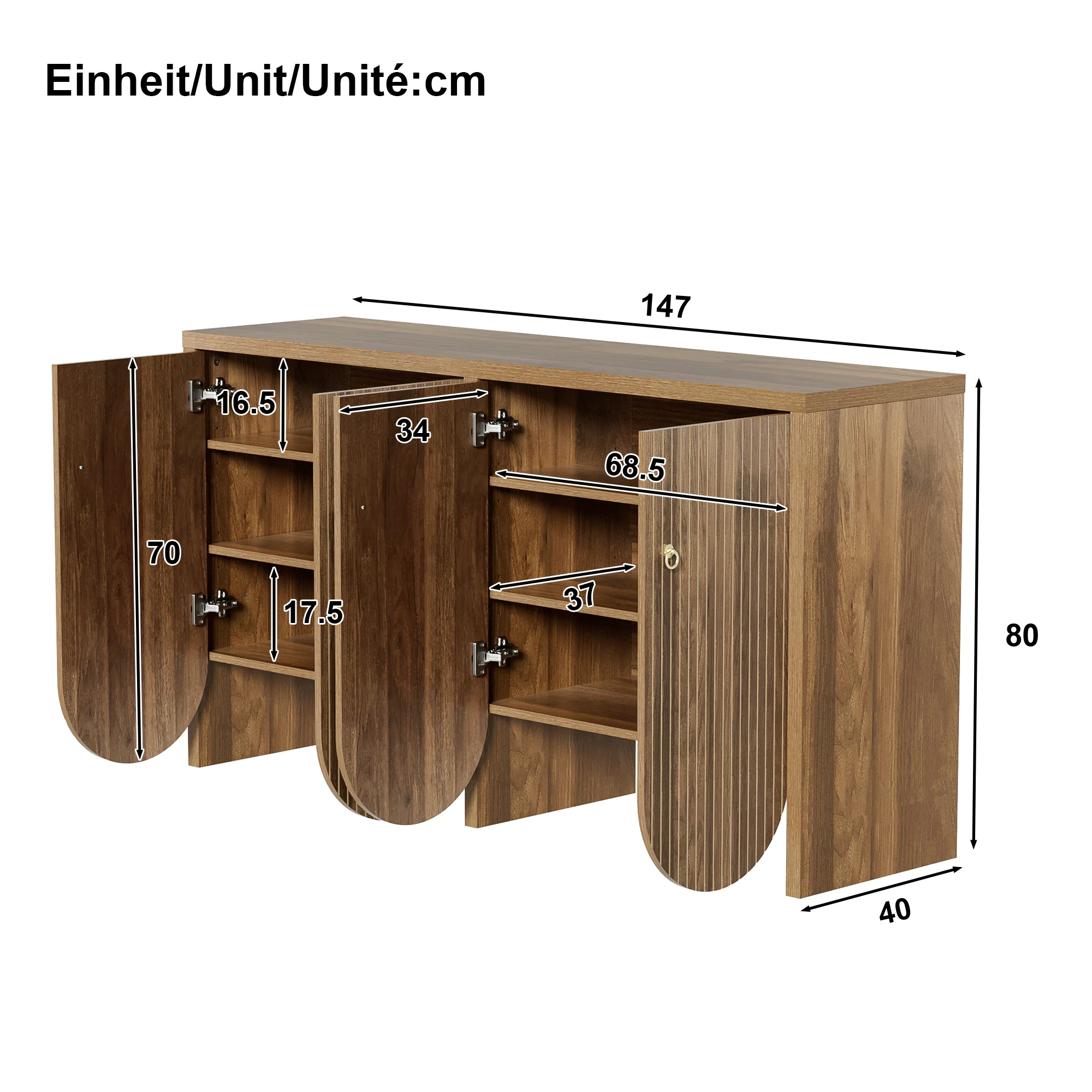 Sideboard Storage Cabinet 4 Doors Adjustable Shelves, Walnut Finish - Image 6
