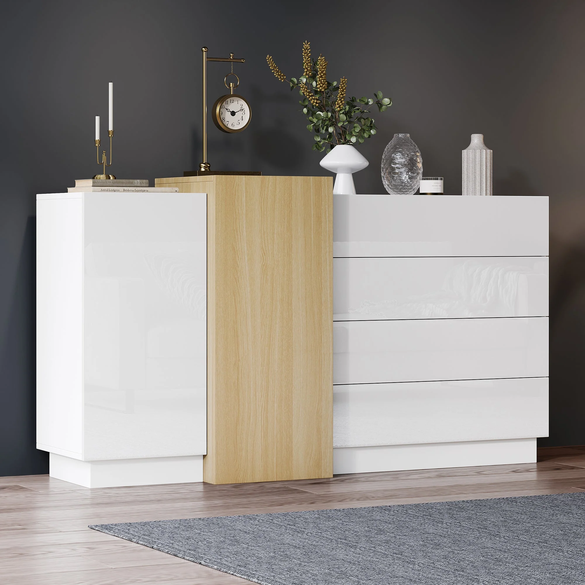 Sideboard Storage Cabinet, High-Gloss Modern Wood-Colored White - Image 5