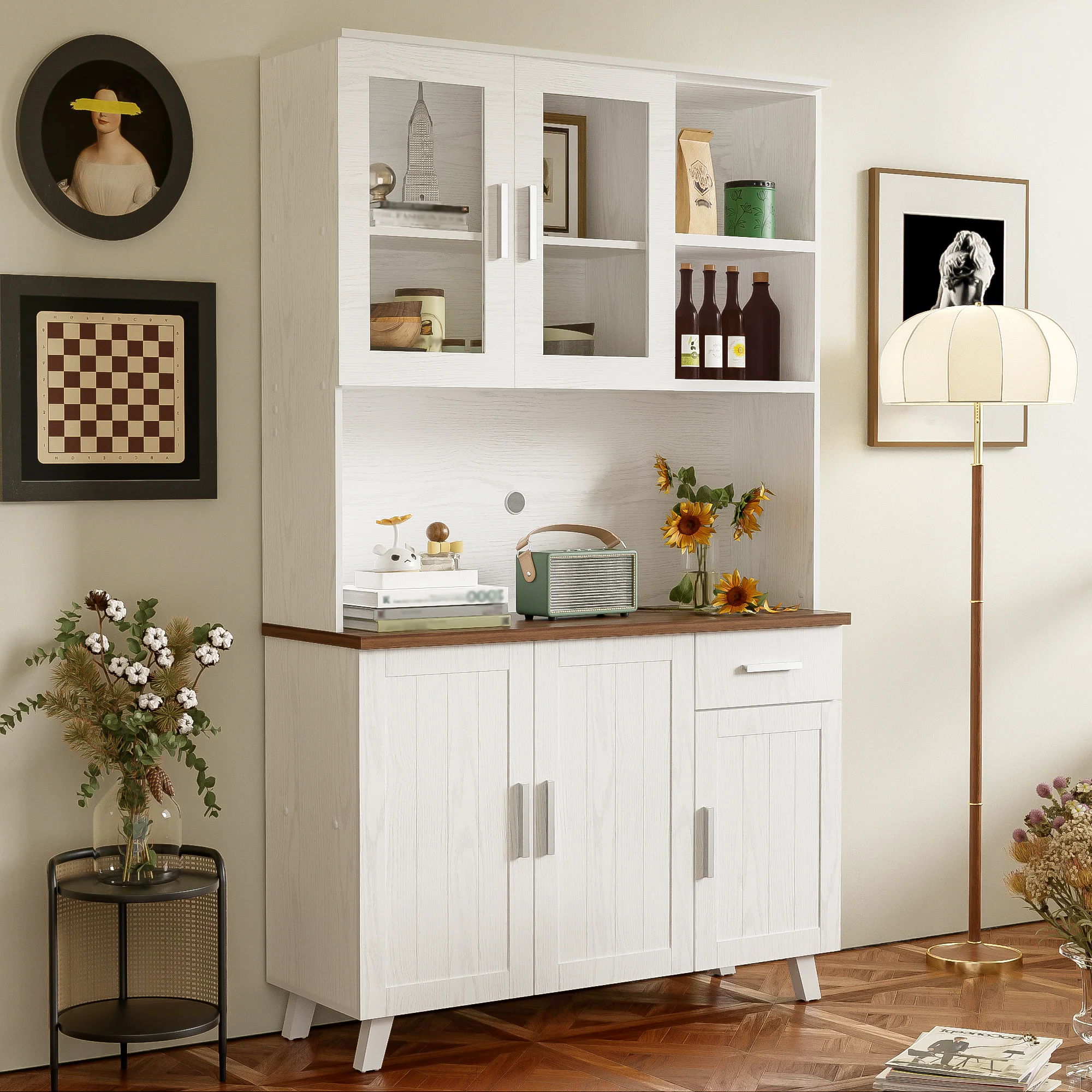 Sideboard, Tall Cabinet with Glass Panels, White Wood Grain - Image 4