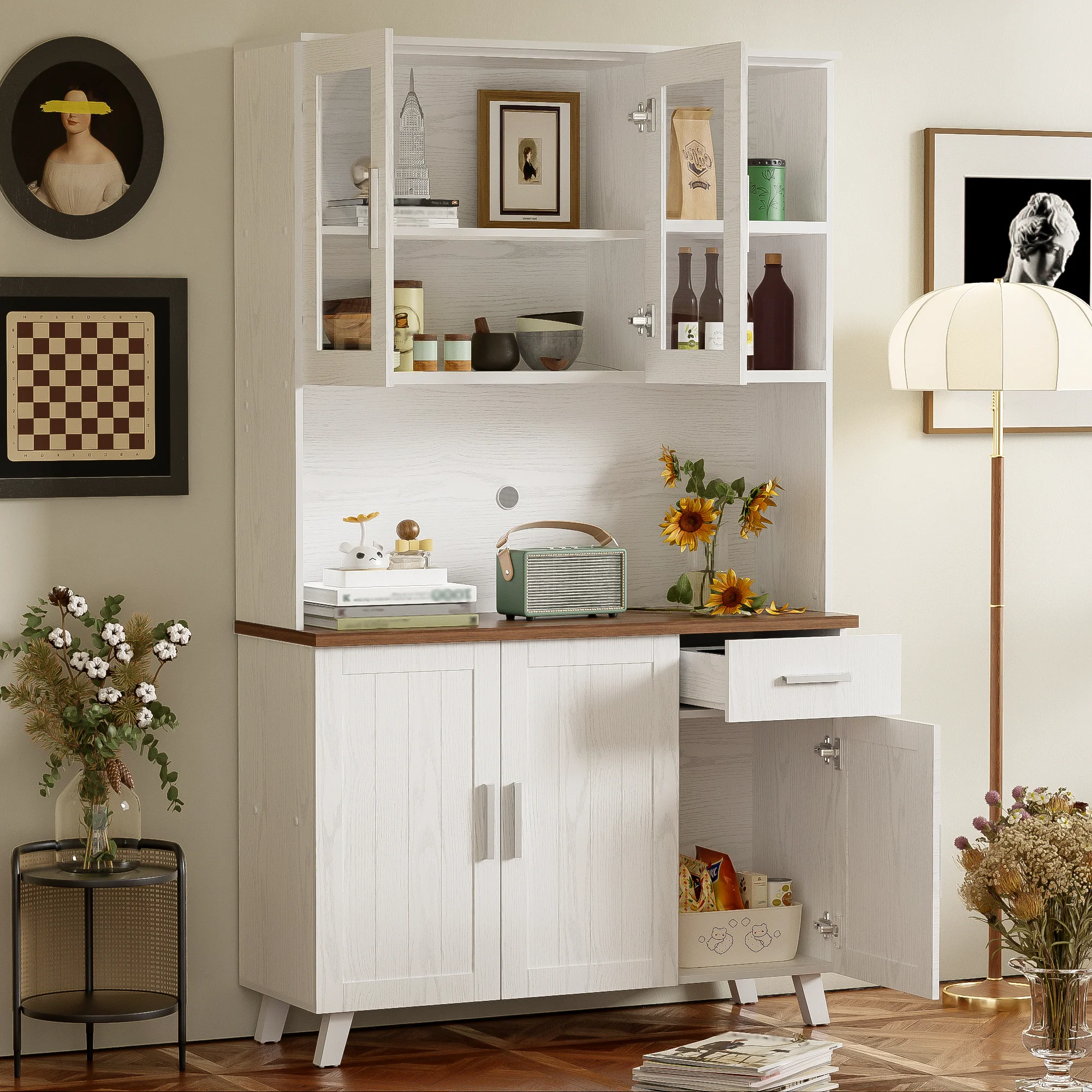 Sideboard, Tall Cabinet with Glass Panels, White Wood Grain - Image 5
