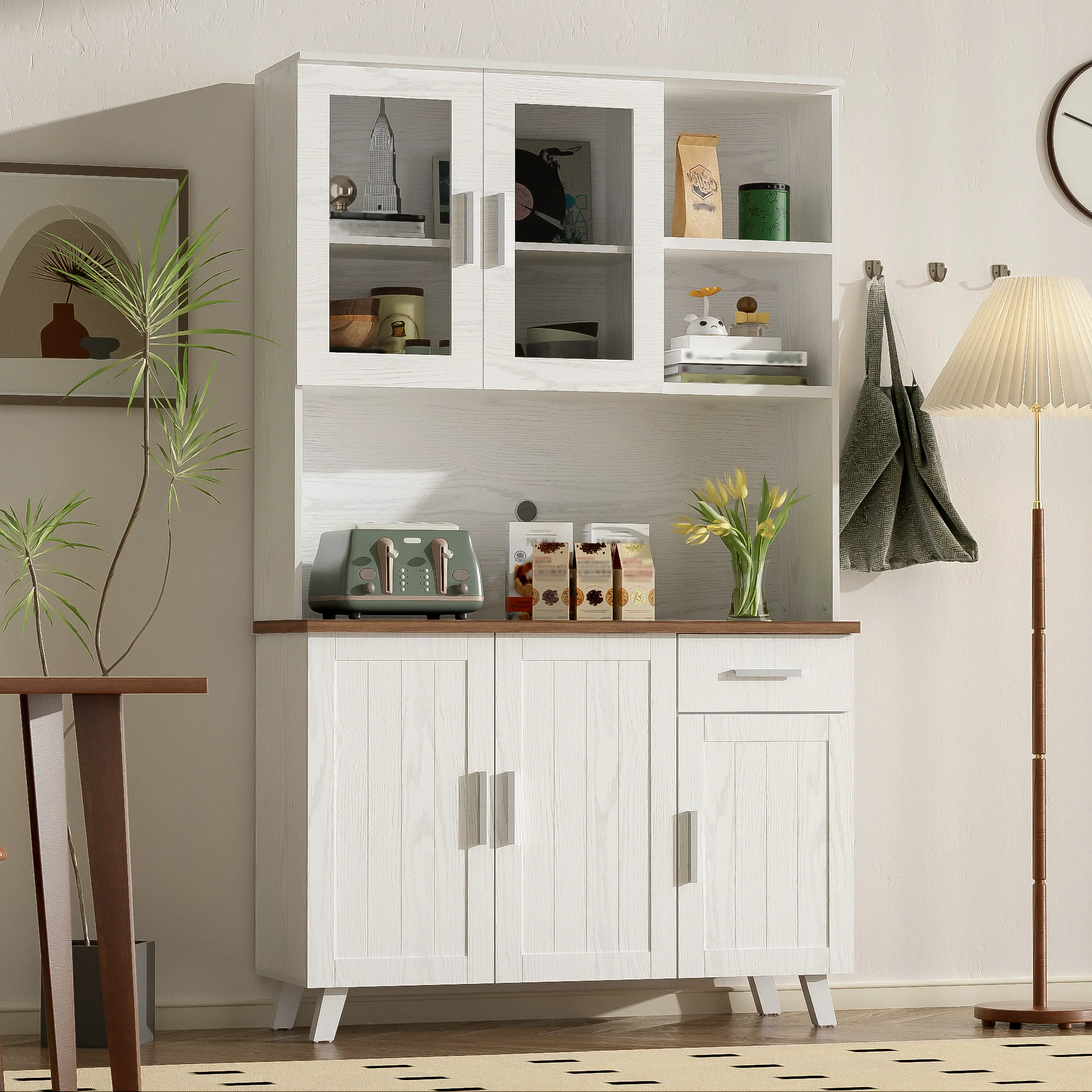 Sideboard, Tall Cabinet with Glass Panels, White Wood Grain - Image 8