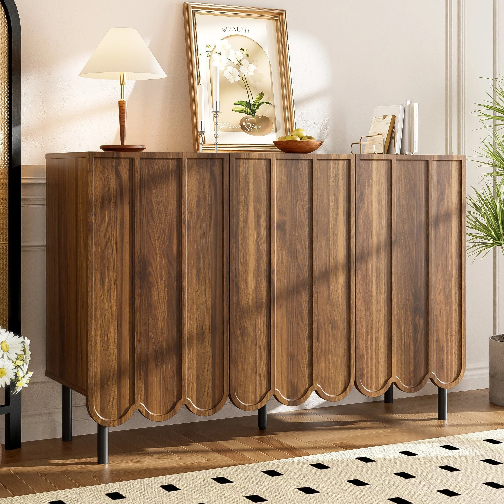 Sideboard - Wave Doors, Handleless, Adjustable Shelves, 120x35x80 cm - Wood - Image 3