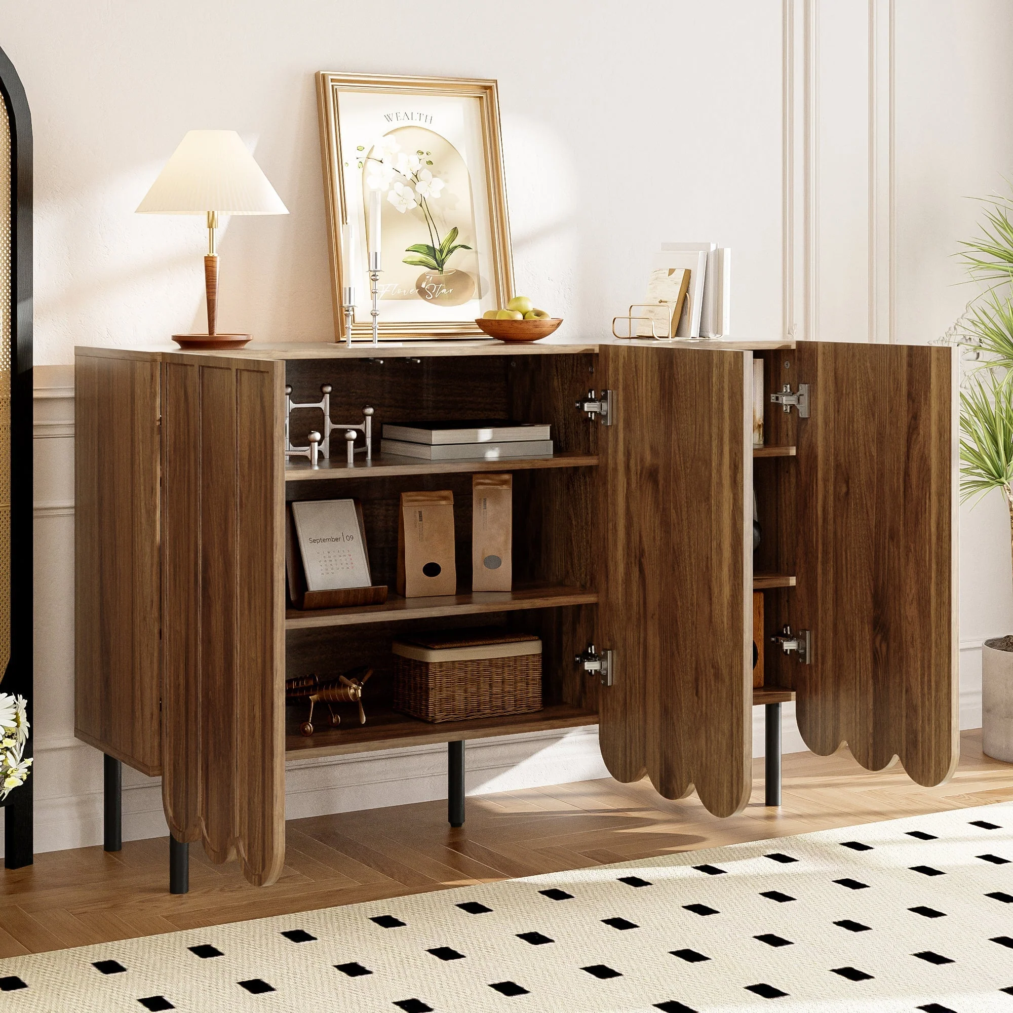 Sideboard - Wave Doors, Handleless, Adjustable Shelves, 120x35x80 cm - Wood - Image 4