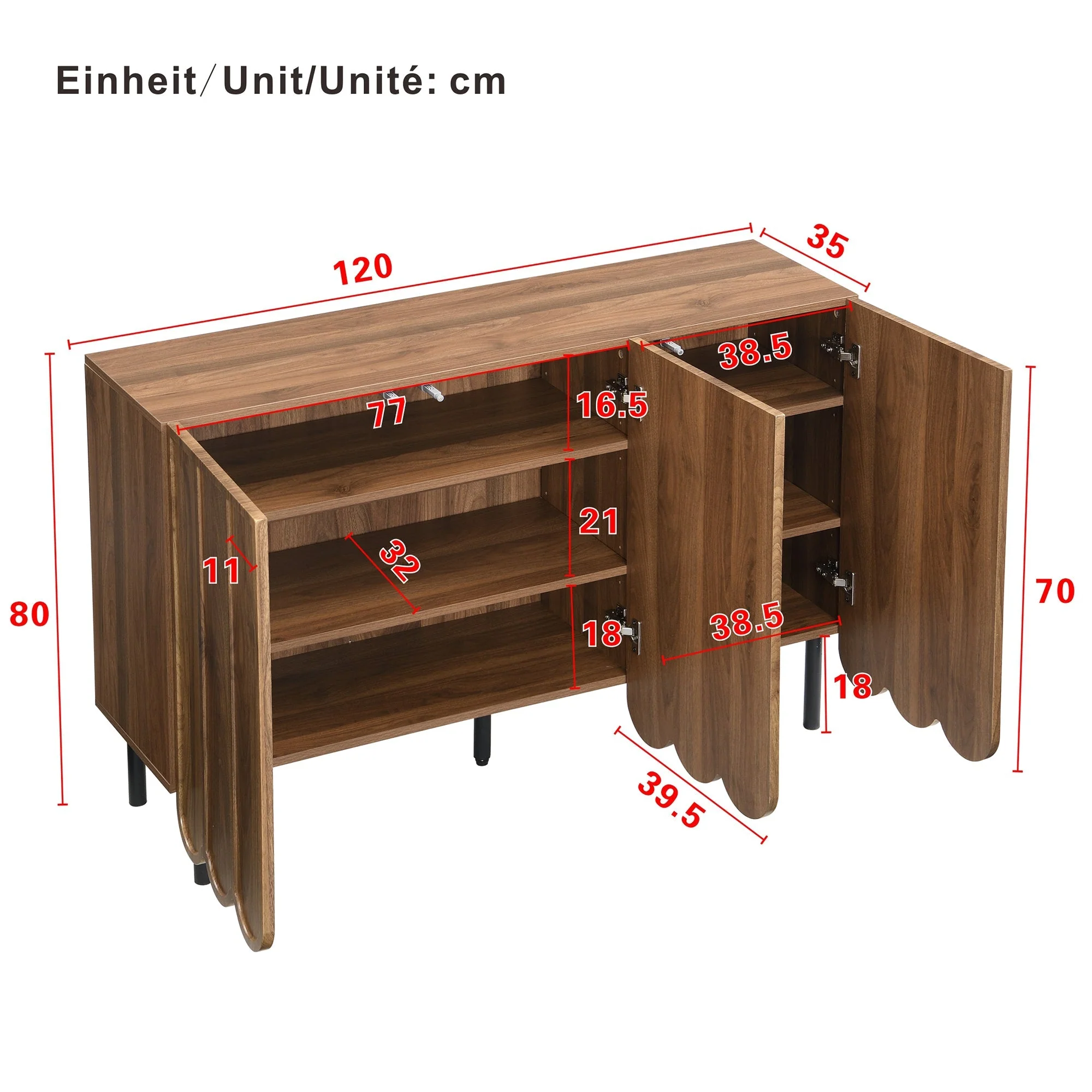 Sideboard - Wave Doors, Handleless, Adjustable Shelves, 120x35x80 cm - Wood - Image 5