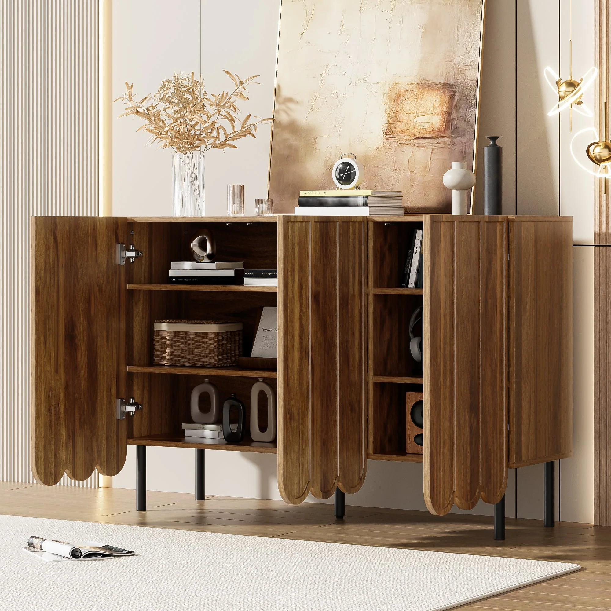Sideboard - Wave Doors, Handleless, Adjustable Shelves, 120x35x80 cm - Wood - Image 8